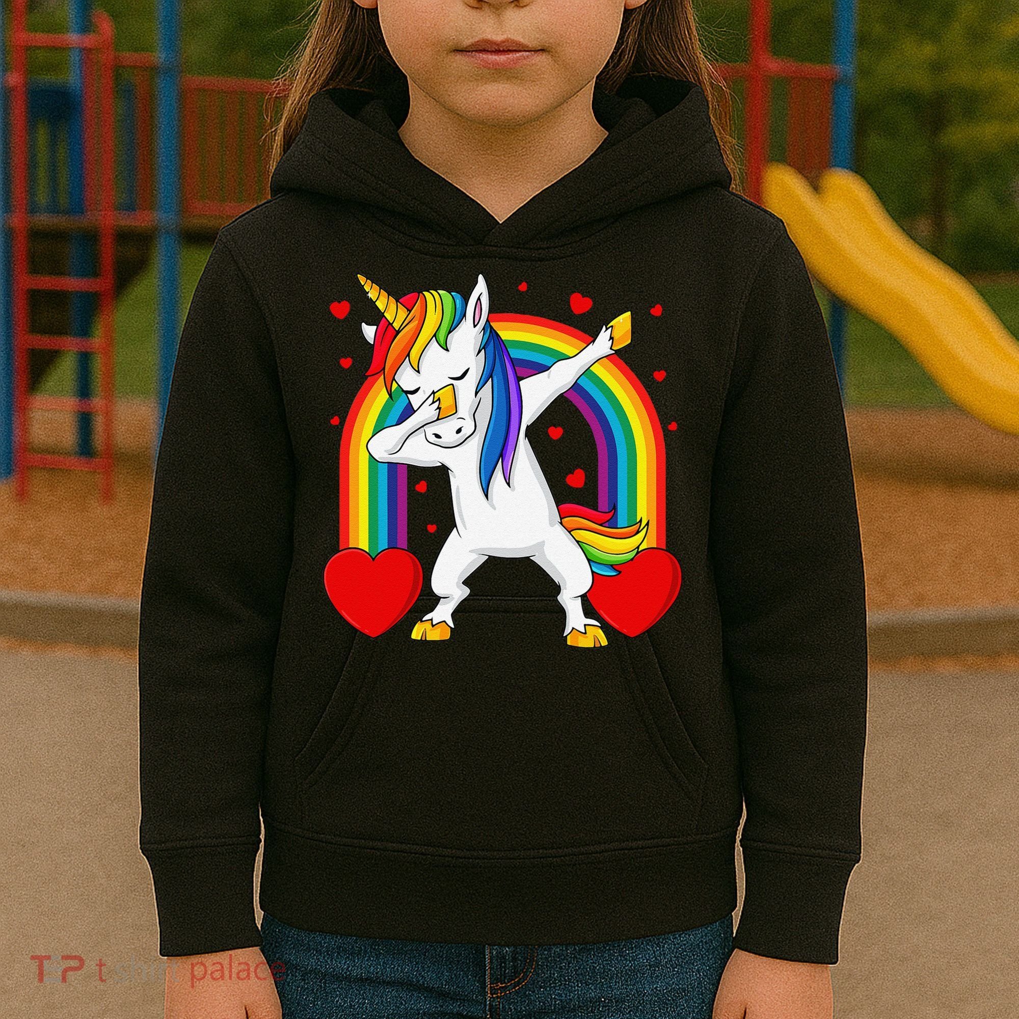 Dabbing Unicorn Hearts Rainbow Valentine's Day Kids Hoodie