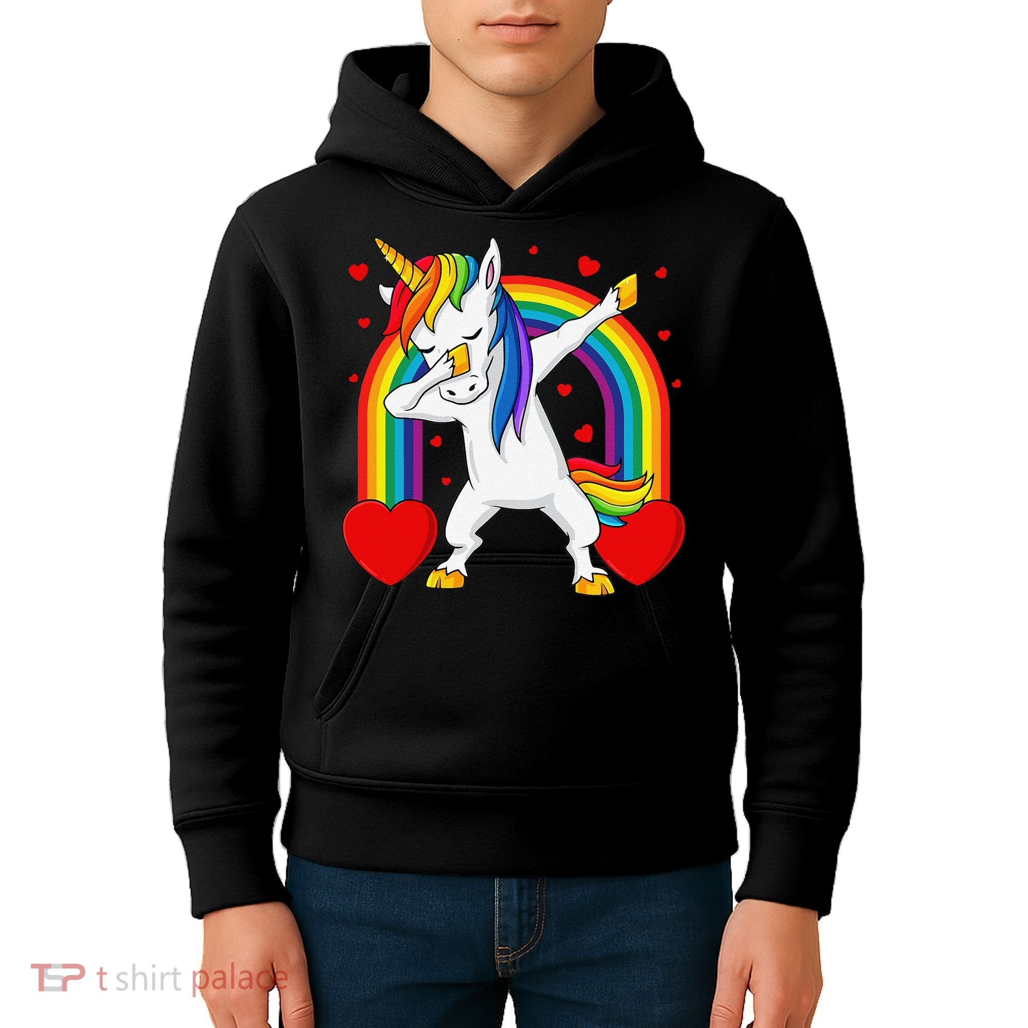 Dabbing Unicorn Hearts Rainbow Valentine's Day Kids Hoodie