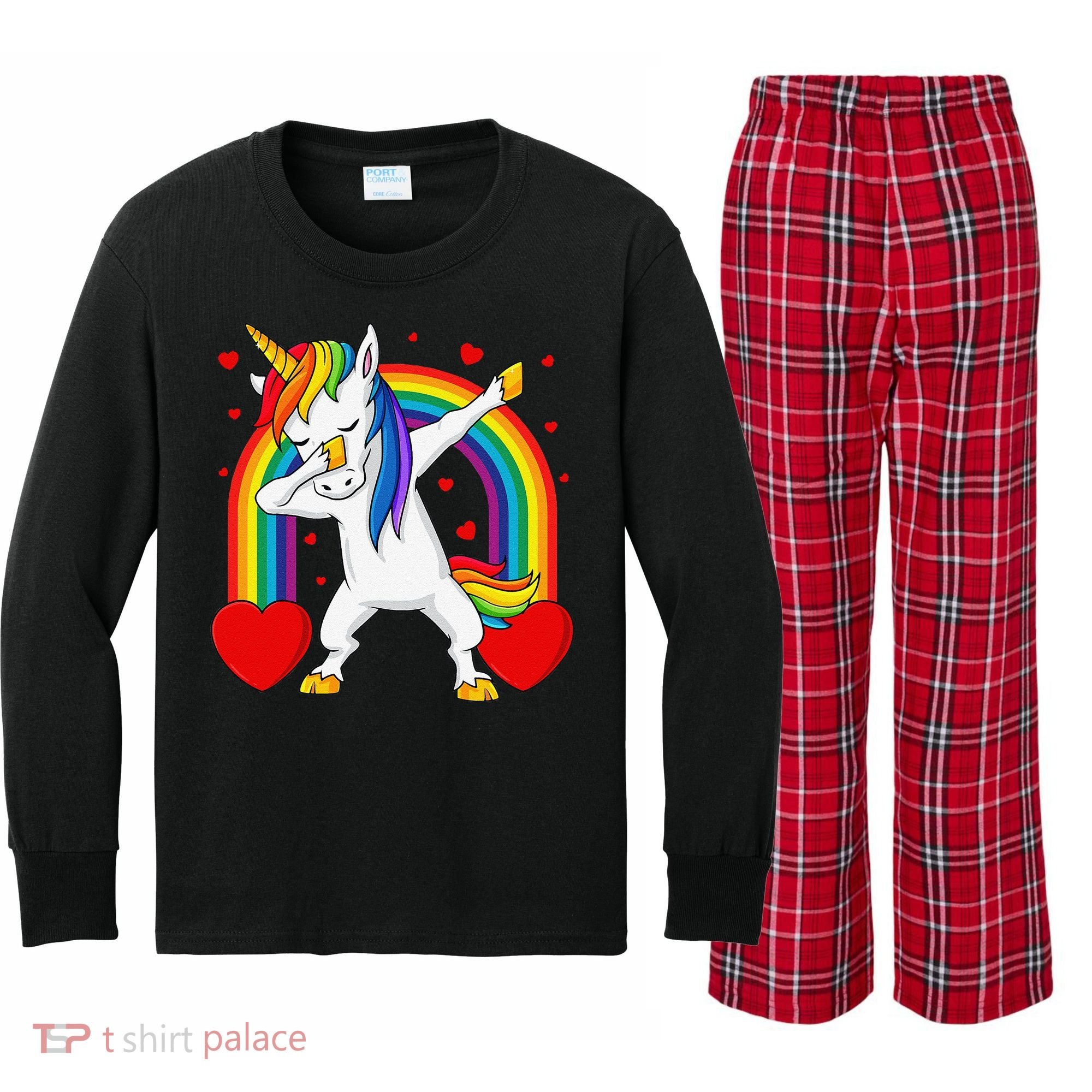 Dabbing Unicorn Hearts Rainbow Valentine's Day Kids Long Sleeve Plaid Pajama Set