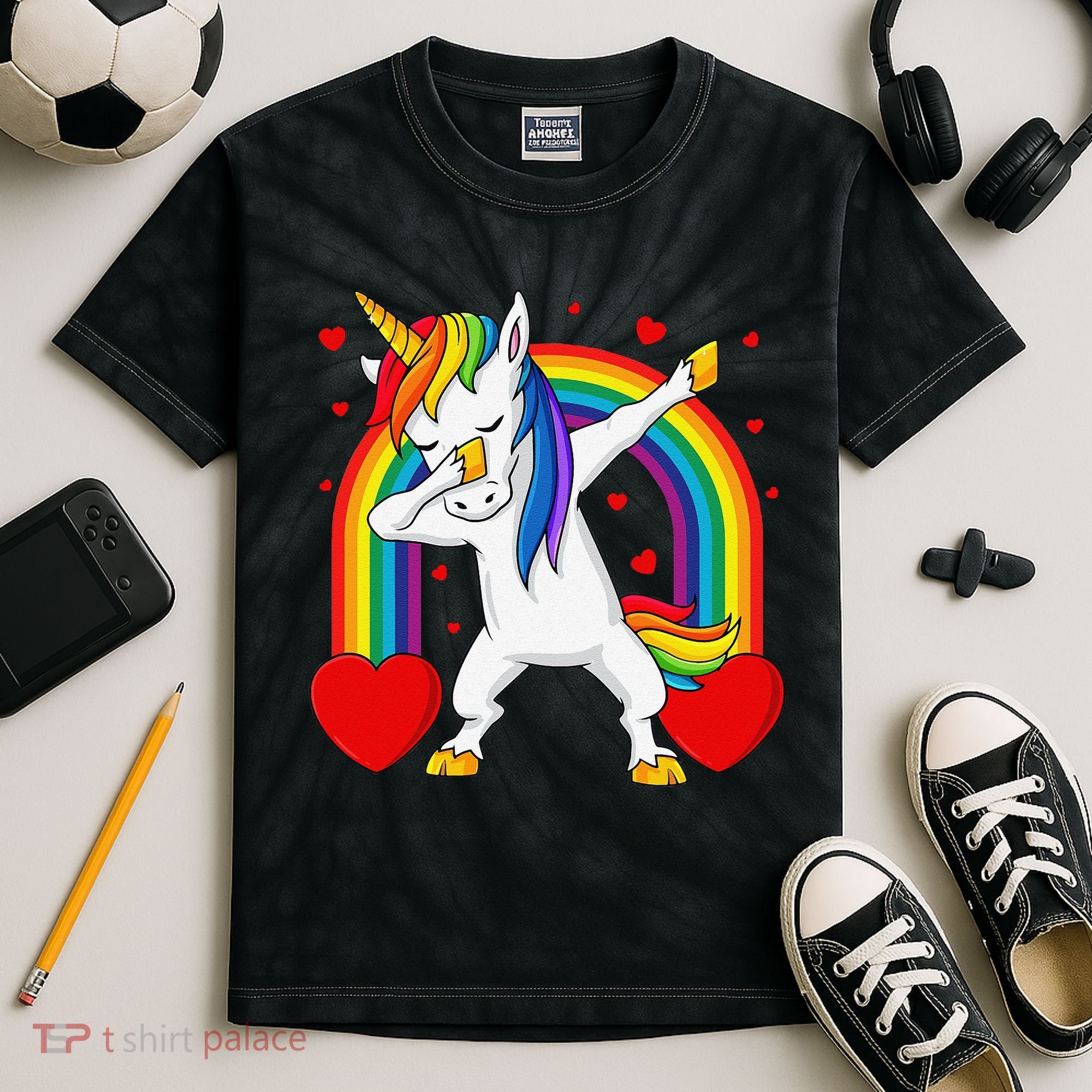Dabbing Unicorn Hearts Rainbow Valentine's Day Kids Tie-Dye T-Shirt