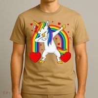 Dabbing Unicorn Hearts Rainbow Valentine's Day T-Shirt thumb 3