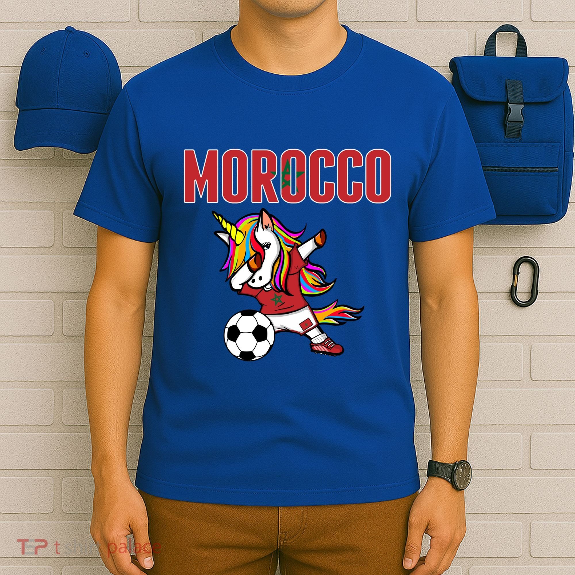 Dabbing Unicorn Morocco Soccer Fans Jersey Moroccan Flag Gift T-Shirt