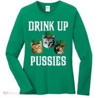 Drink Up Pussies Funny Cat Drinking St Patricks Day Women's Long Sleeve Shirt thumb 0