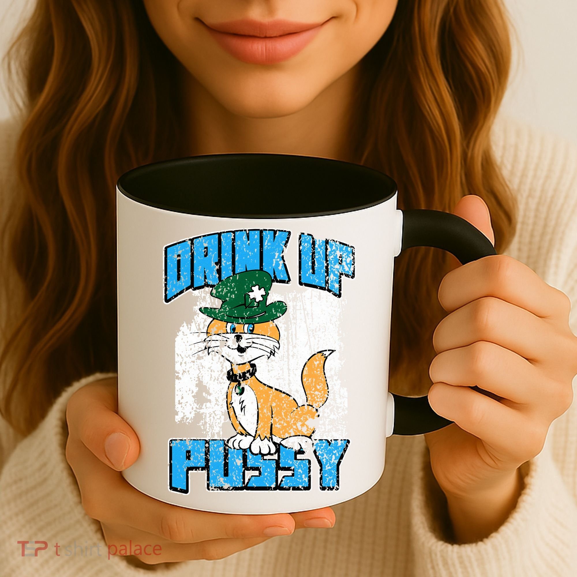 Drink Up Pussy Cat Distressed Saint Patrick's Day Coffee Mug