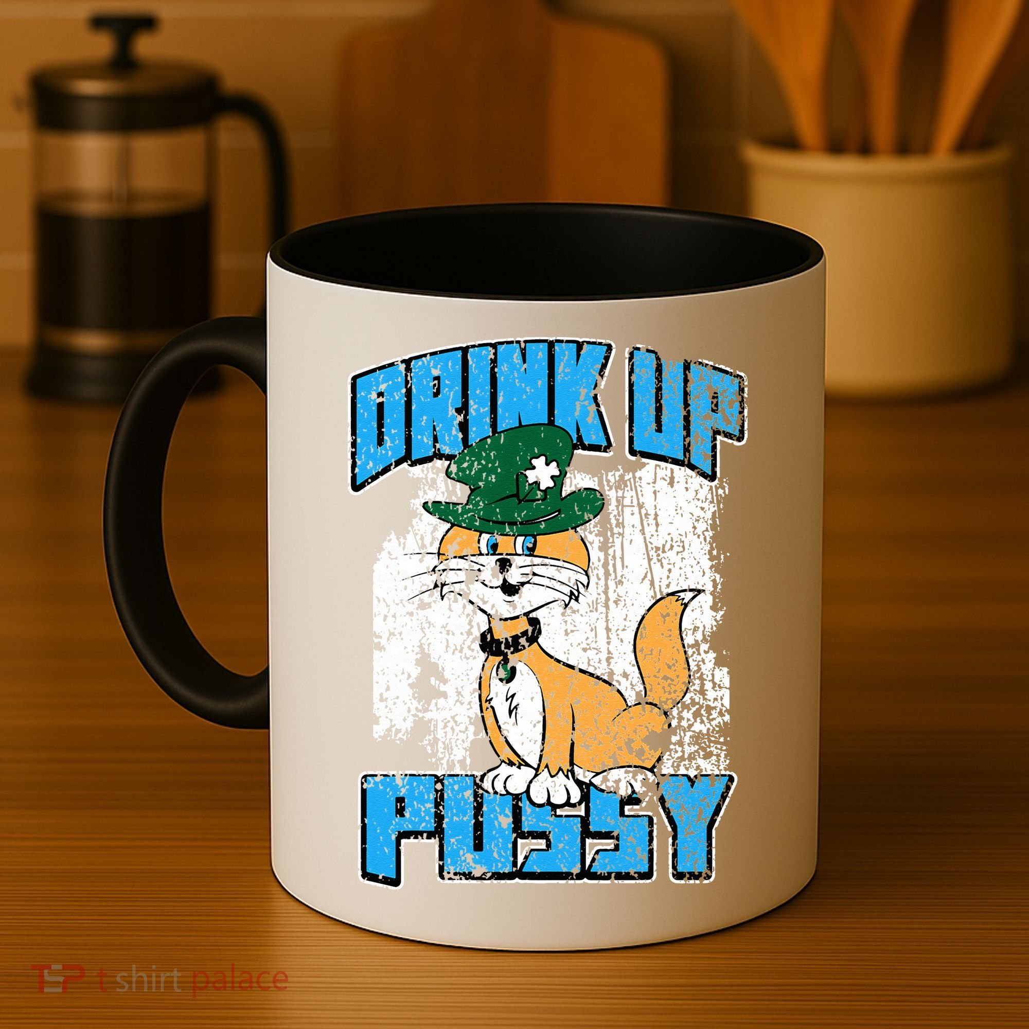 Drink Up Pussy Cat Distressed Saint Patrick's Day Coffee Mug