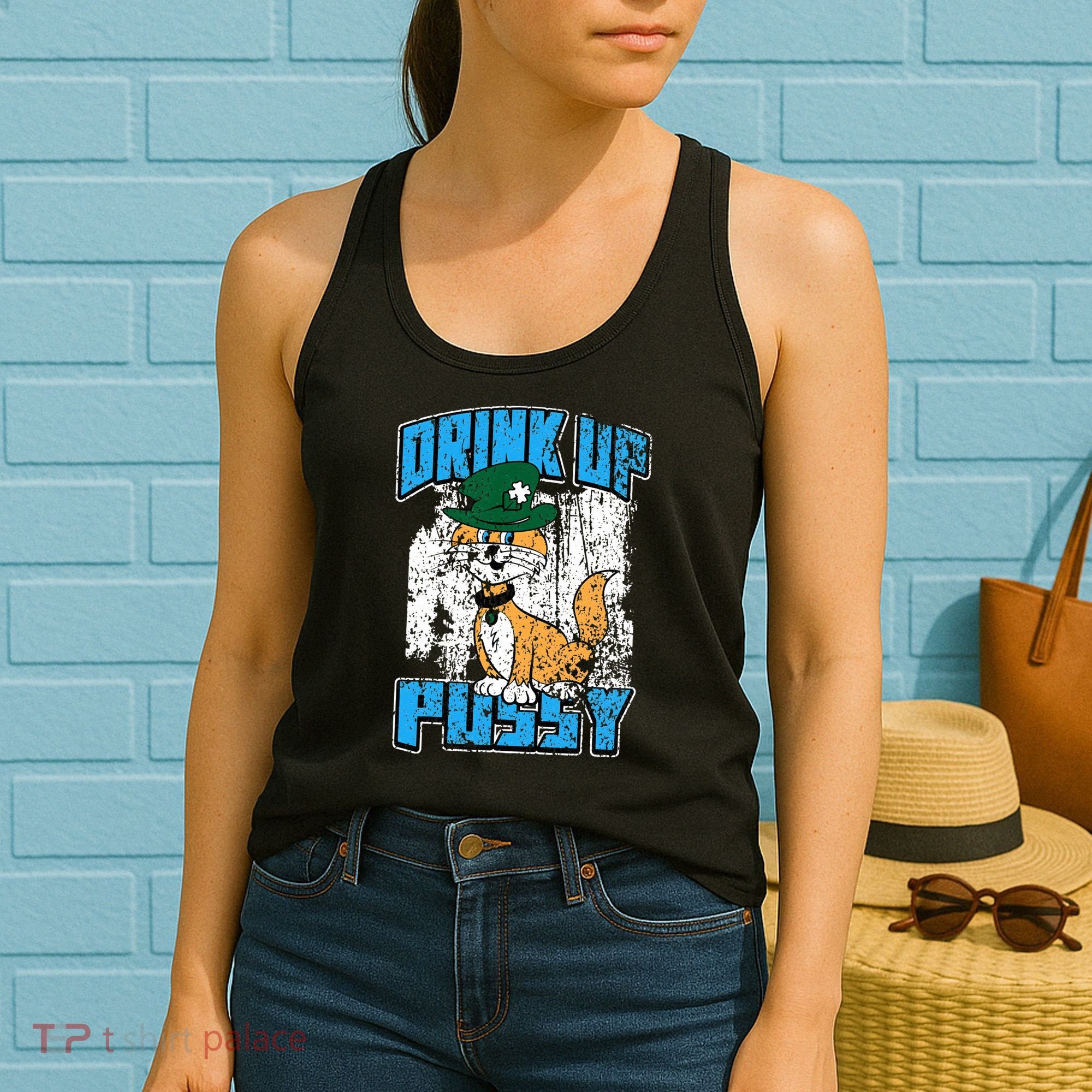 Drink Up Pussy Cat Distressed Saint Patrick's Day Women's Tank Top