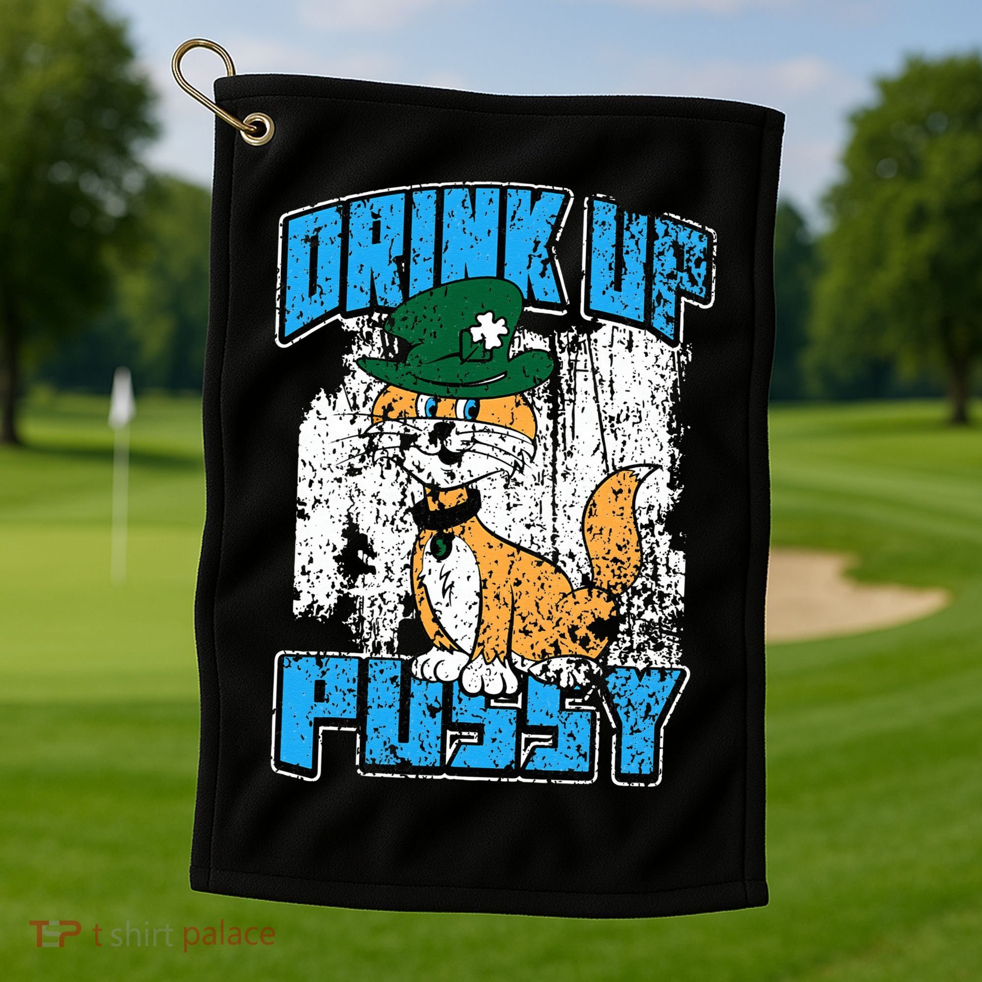 Drink Up Pussy Cat Distressed Saint Patrick's Day Golf Towel