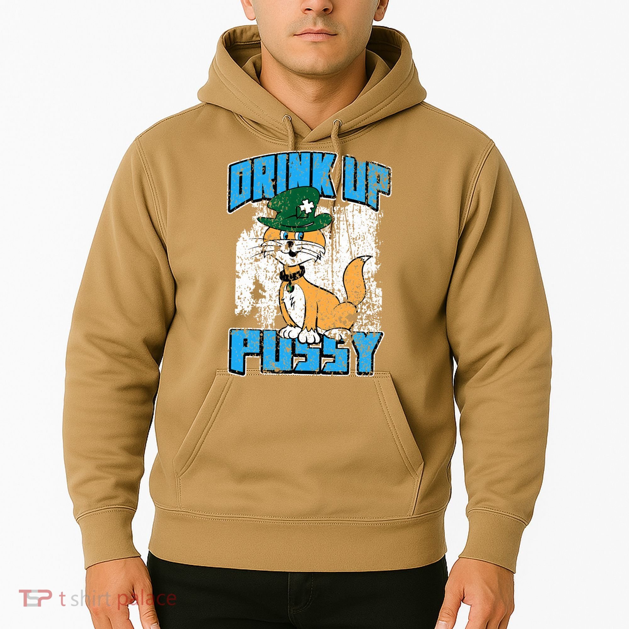 Drink Up Pussy Cat Distressed Saint Patrick's Day Hoodie