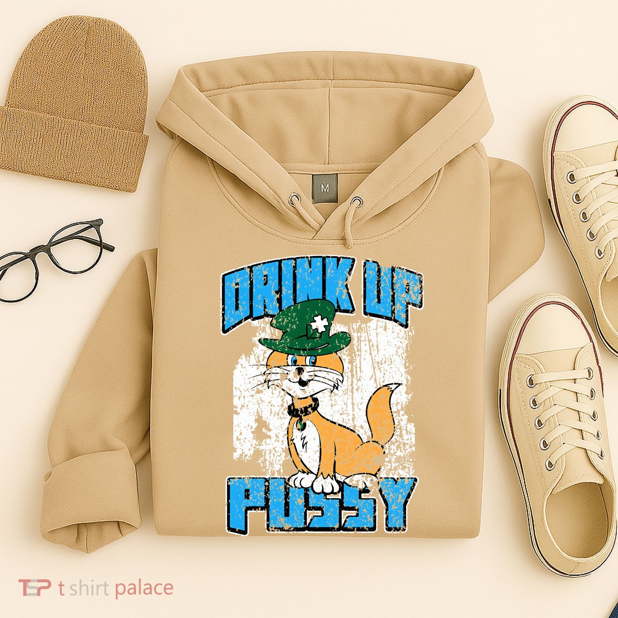 Drink Up Pussy Cat Distressed Saint Patrick's Day Hoodie