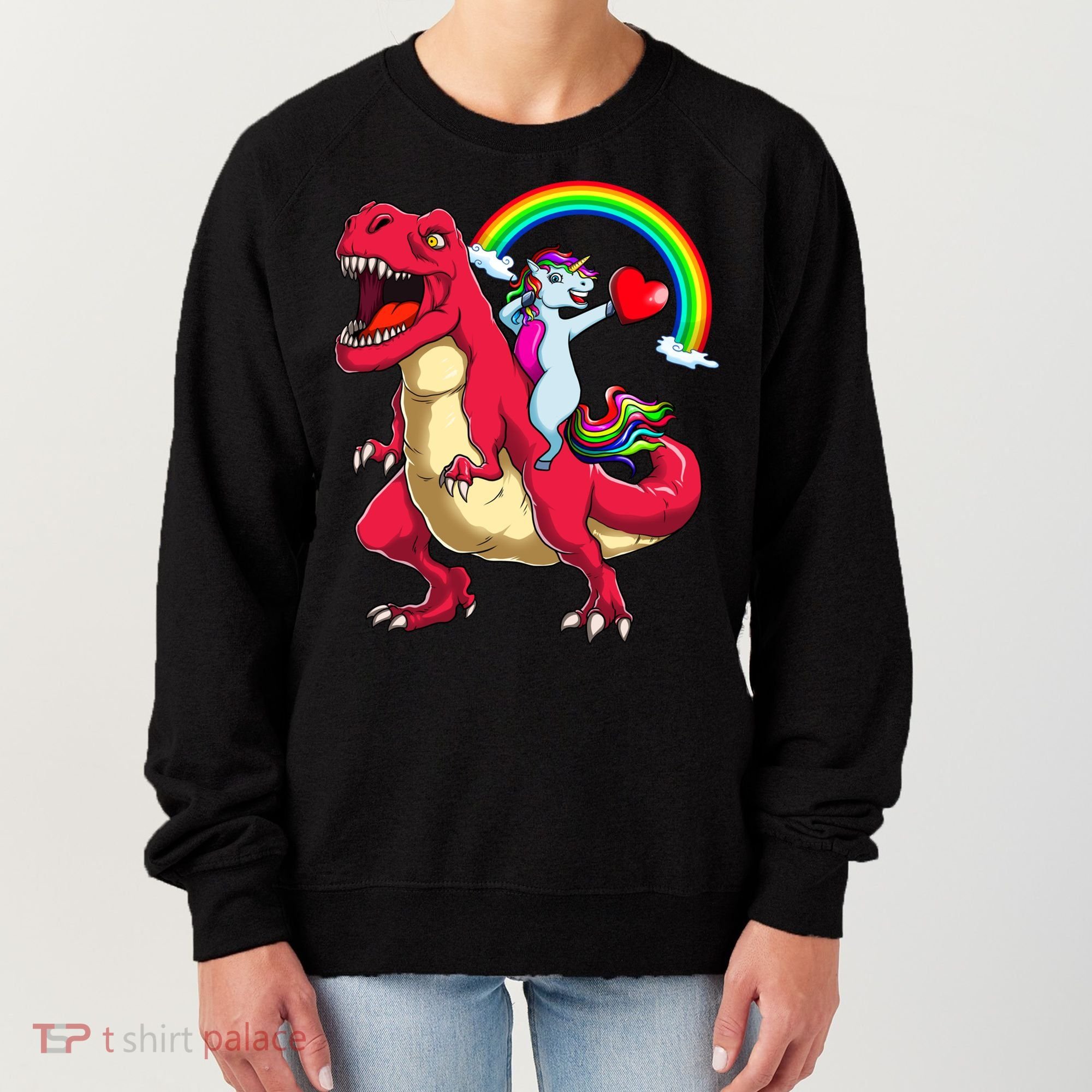 Dabbing Unicorn Riding Dinosaur Valentines Day Rainbow Space Gift Women's Sweatshirt
