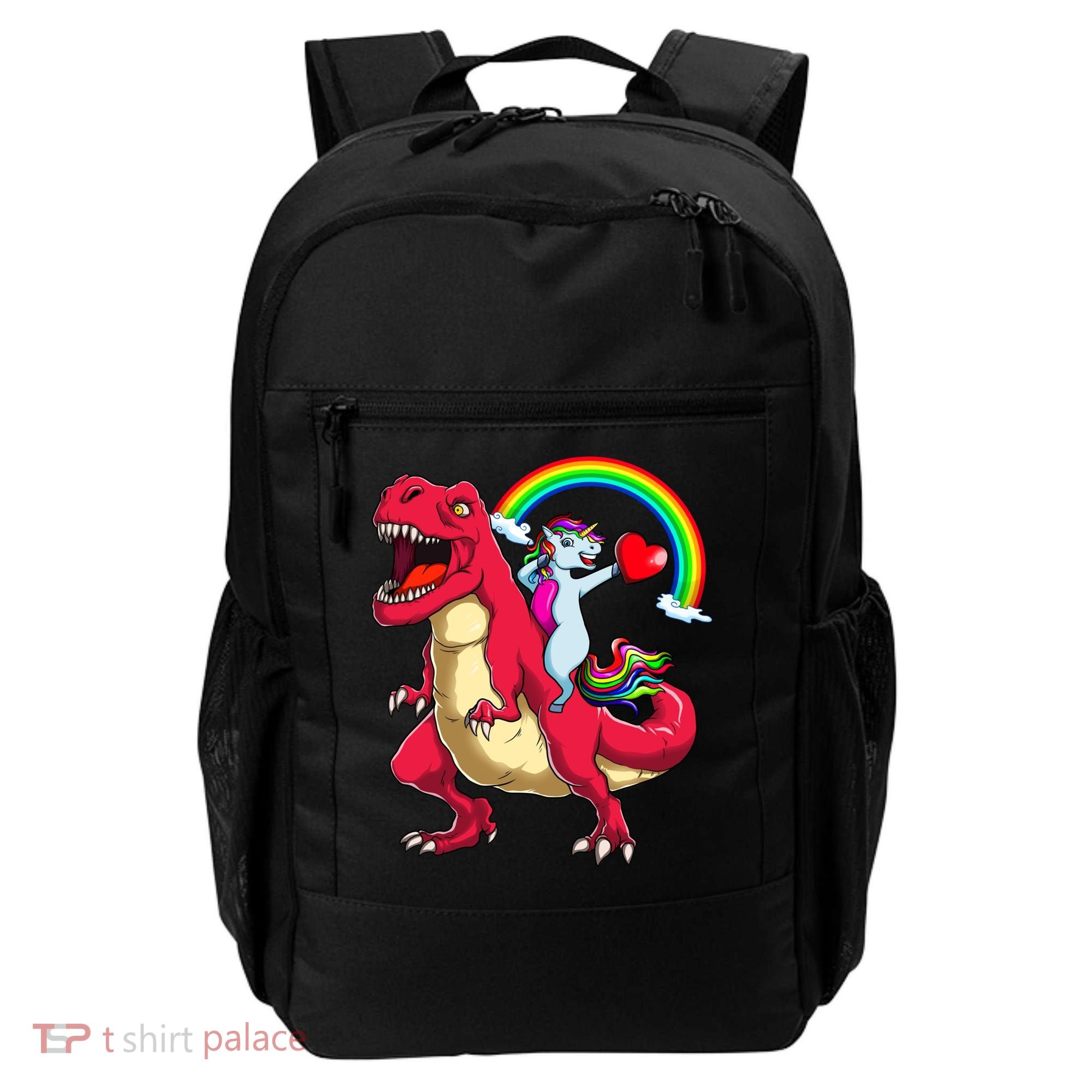 Dabbing Unicorn Riding Dinosaur Valentines Day Rainbow Space Gift Backpack