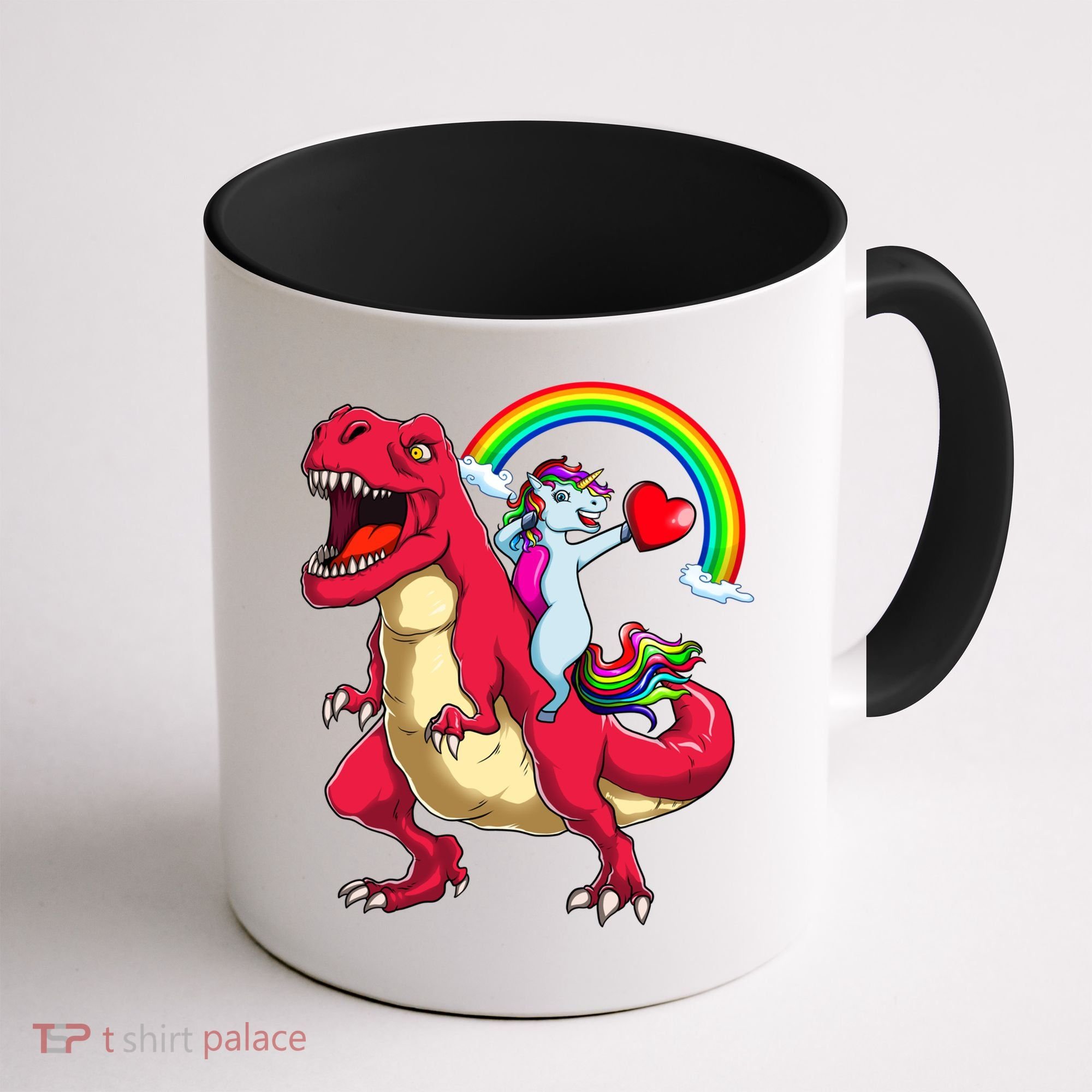 Dabbing Unicorn Riding Dinosaur Valentines Day Rainbow Space Gift Coffee Mug