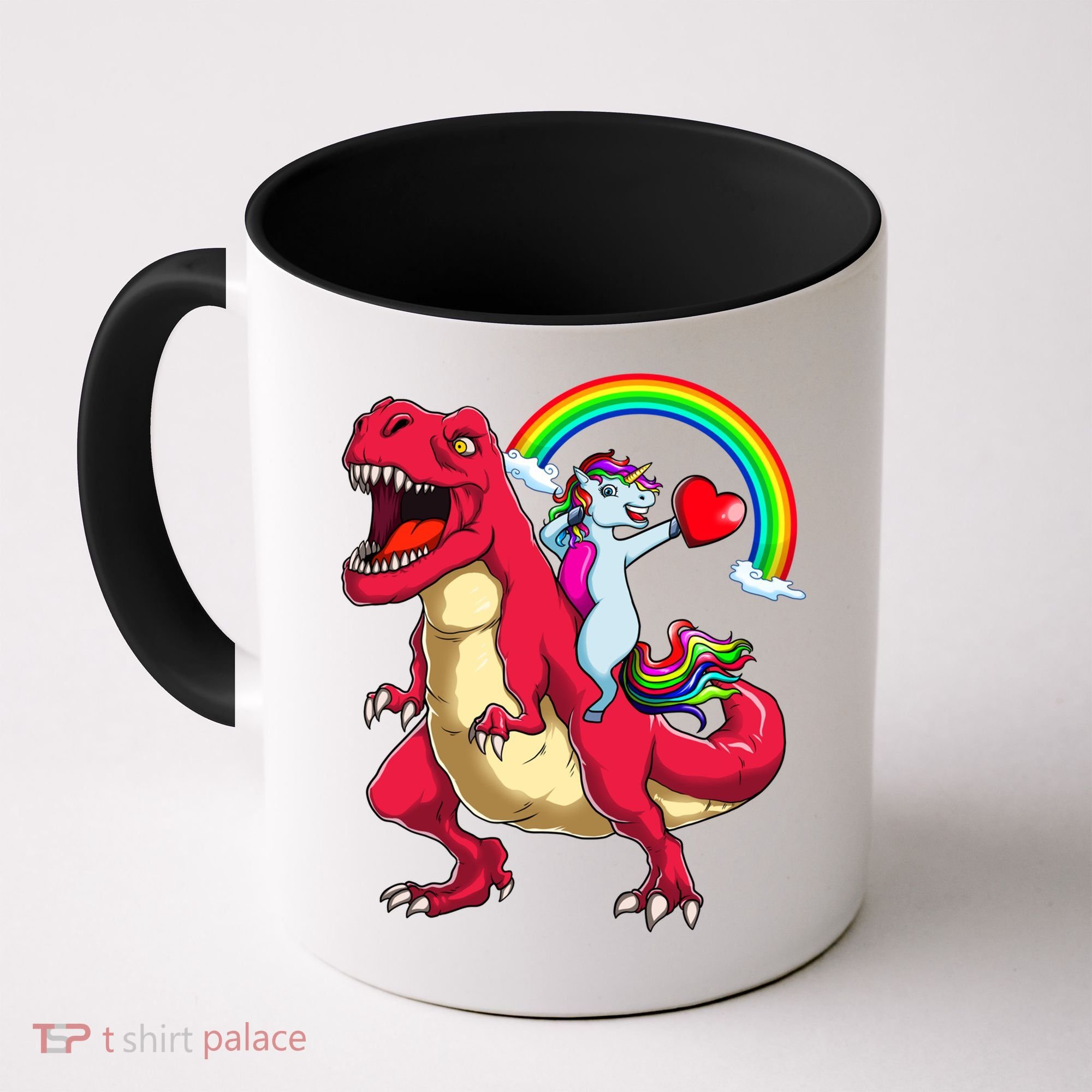 Dabbing Unicorn Riding Dinosaur Valentines Day Rainbow Space Gift Coffee Mug
