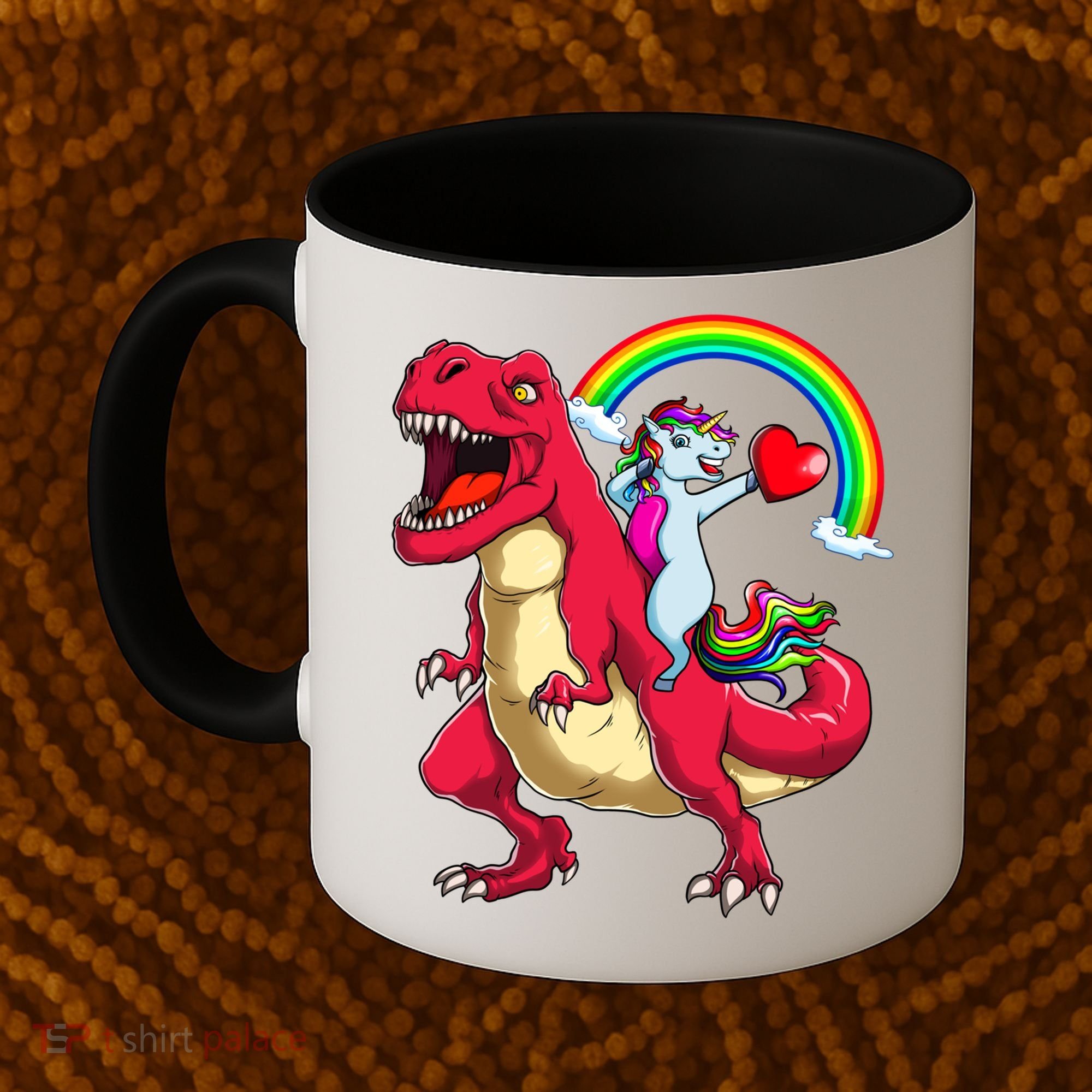Dabbing Unicorn Riding Dinosaur Valentines Day Rainbow Space Gift Coffee Mug