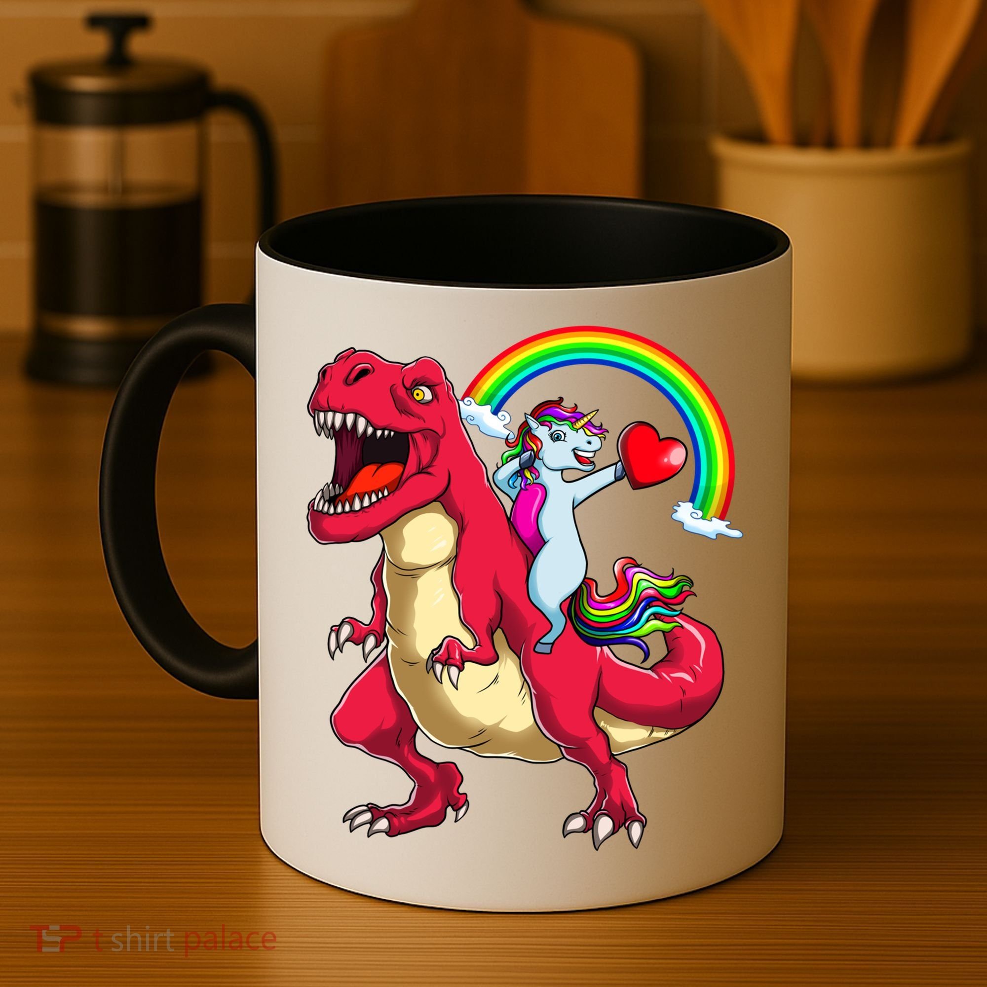 Dabbing Unicorn Riding Dinosaur Valentines Day Rainbow Space Gift Coffee Mug