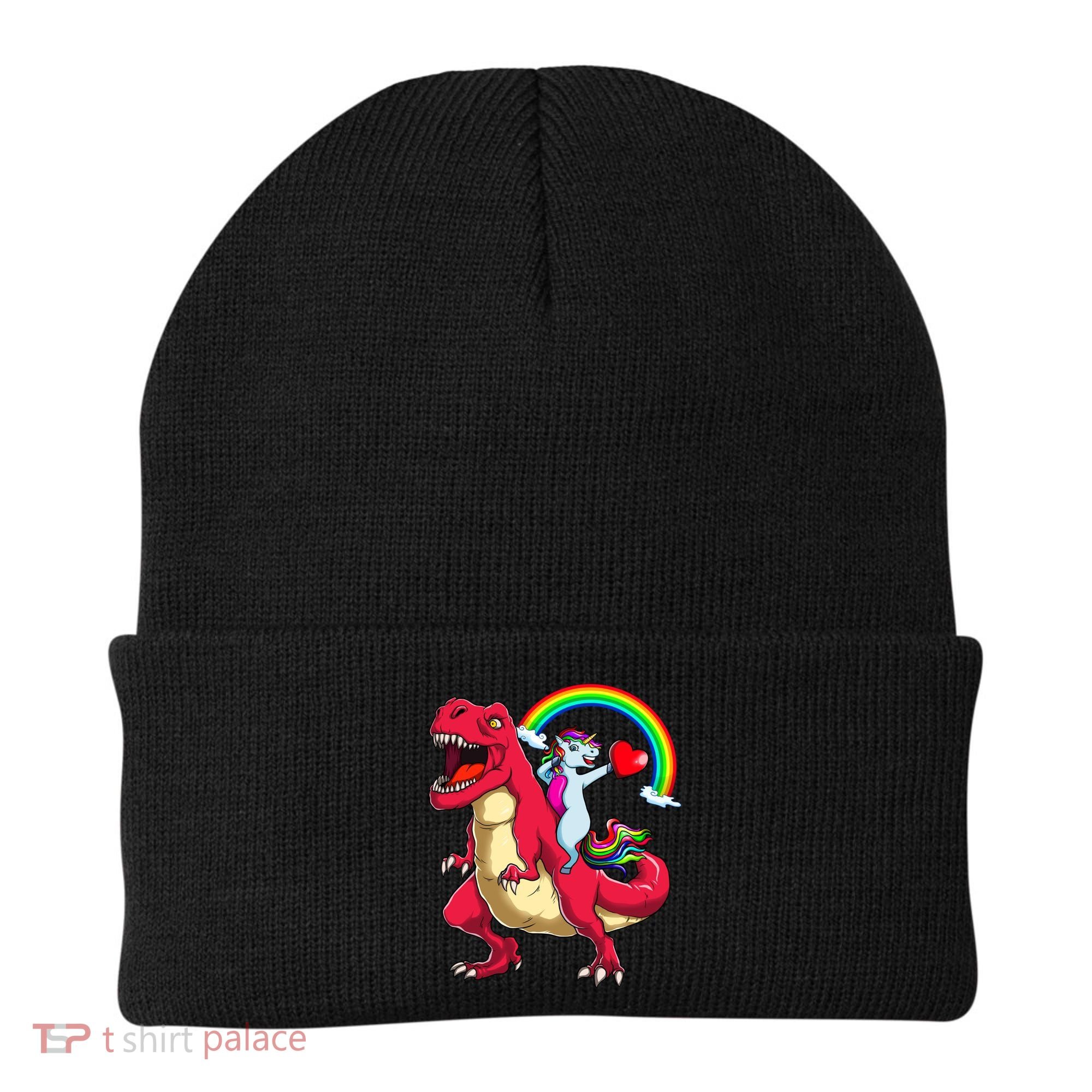 Dabbing Unicorn Riding Dinosaur Valentines Day Rainbow Space Gift Beanie