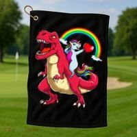 Dabbing Unicorn Riding Dinosaur Valentines Day Rainbow Space Gift Golf Towel thumb 1