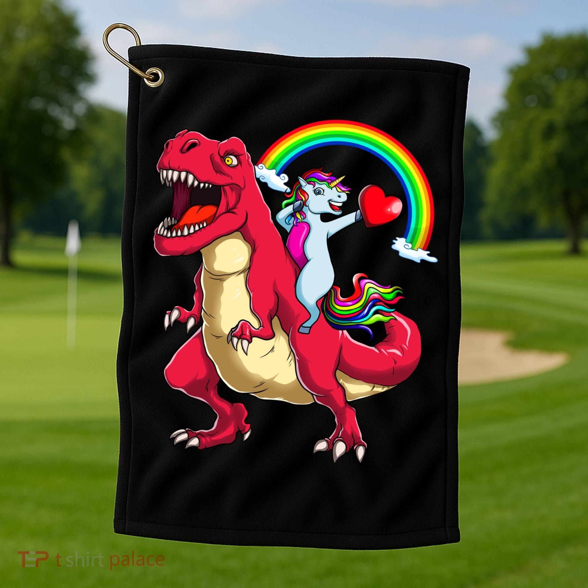 Dabbing Unicorn Riding Dinosaur Valentines Day Rainbow Space Gift Golf Towel