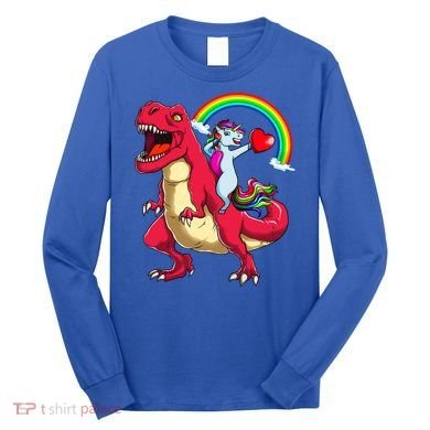 Dabbing Unicorn Riding Dinosaur Valentines Day Rainbow Space Gift Long Sleeve Shirt