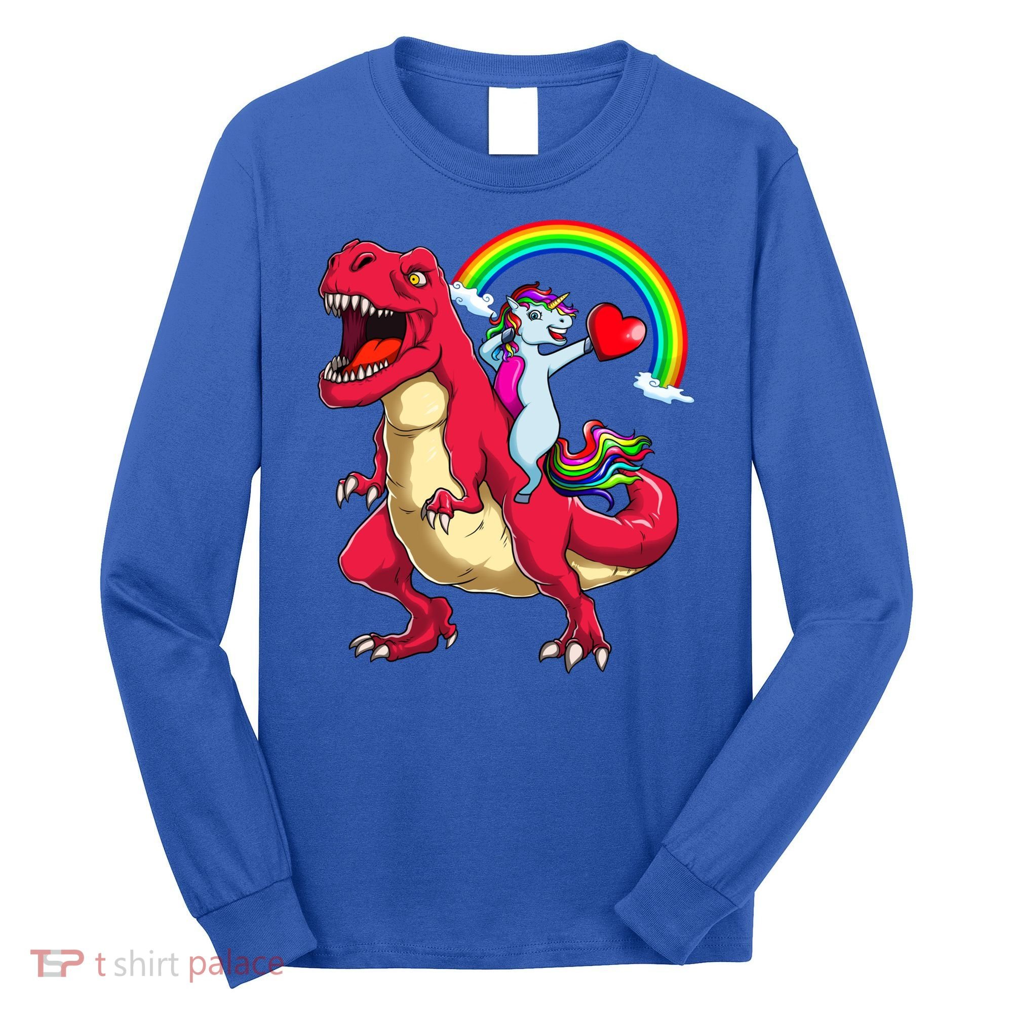 Dabbing Unicorn Riding Dinosaur Valentines Day Rainbow Space Gift Long Sleeve Shirt