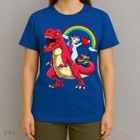 Dabbing Unicorn Riding Dinosaur Valentines Day Rainbow Space Gift T-Shirt thumb 4