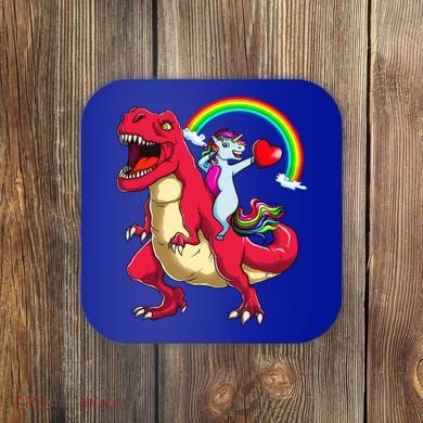 Dabbing Unicorn Riding Dinosaur Valentines Day Rainbow Space Gift Coaster