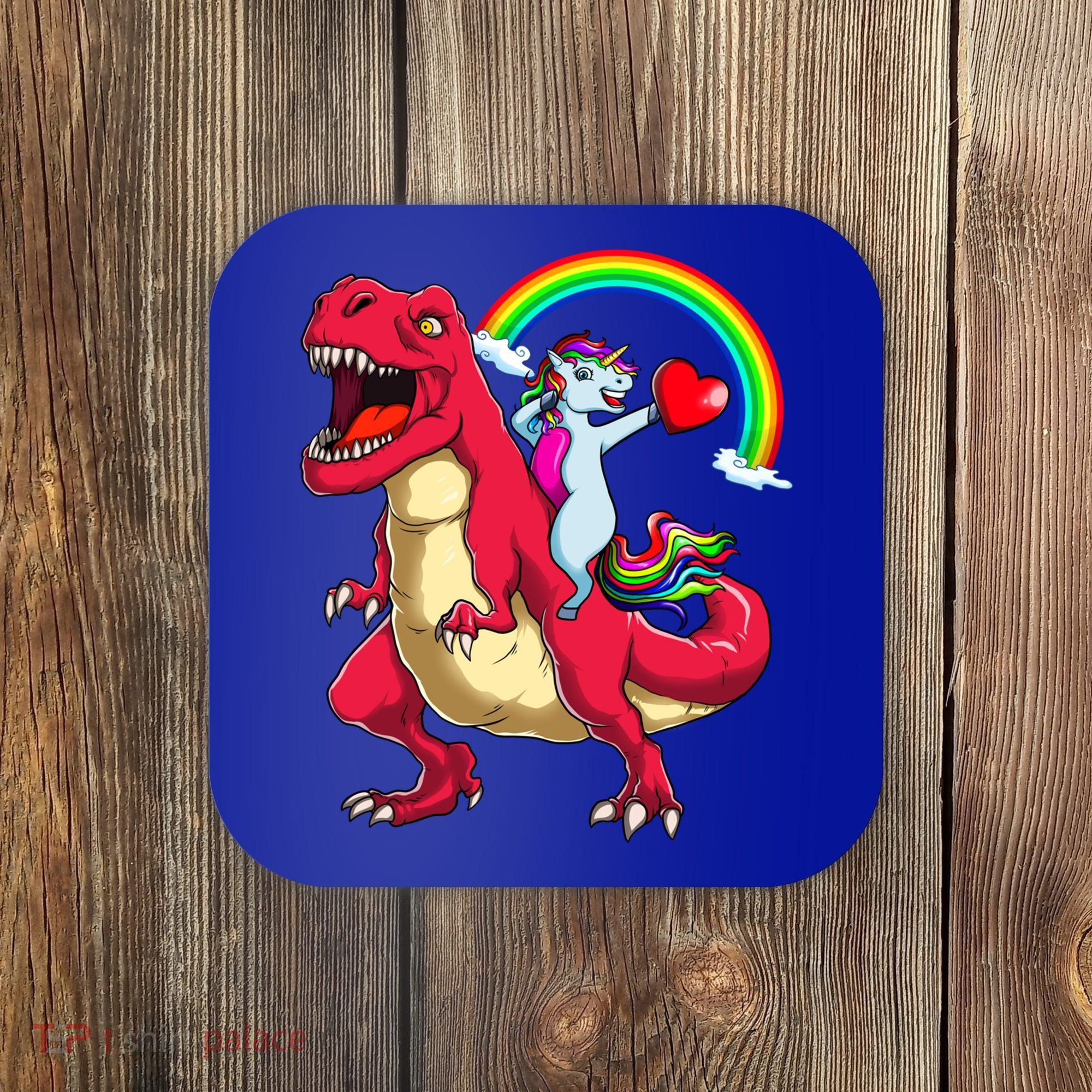 Dabbing Unicorn Riding Dinosaur Valentines Day Rainbow Space Gift Coaster