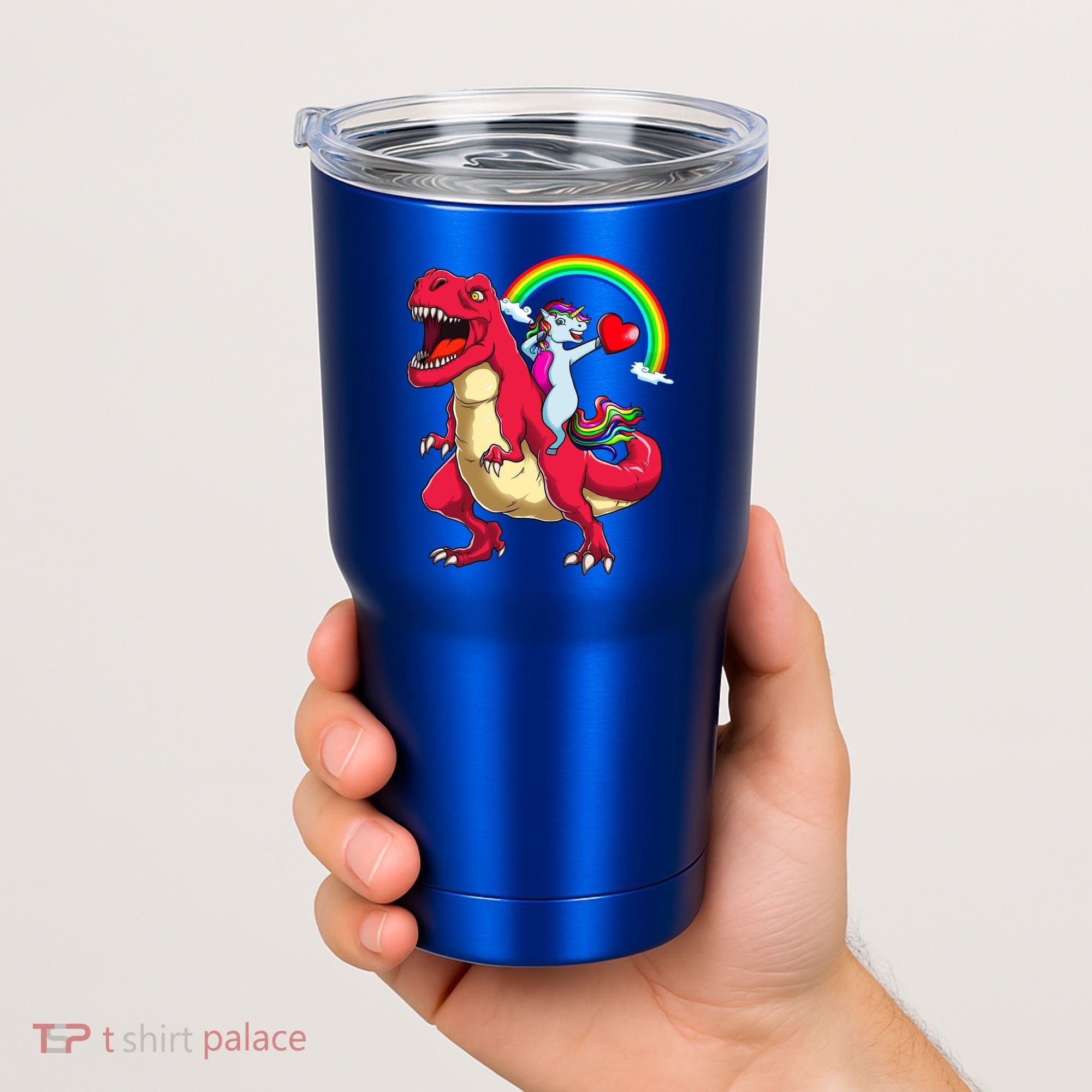 Dabbing Unicorn Riding Dinosaur Valentines Day Rainbow Space Gift Tumbler