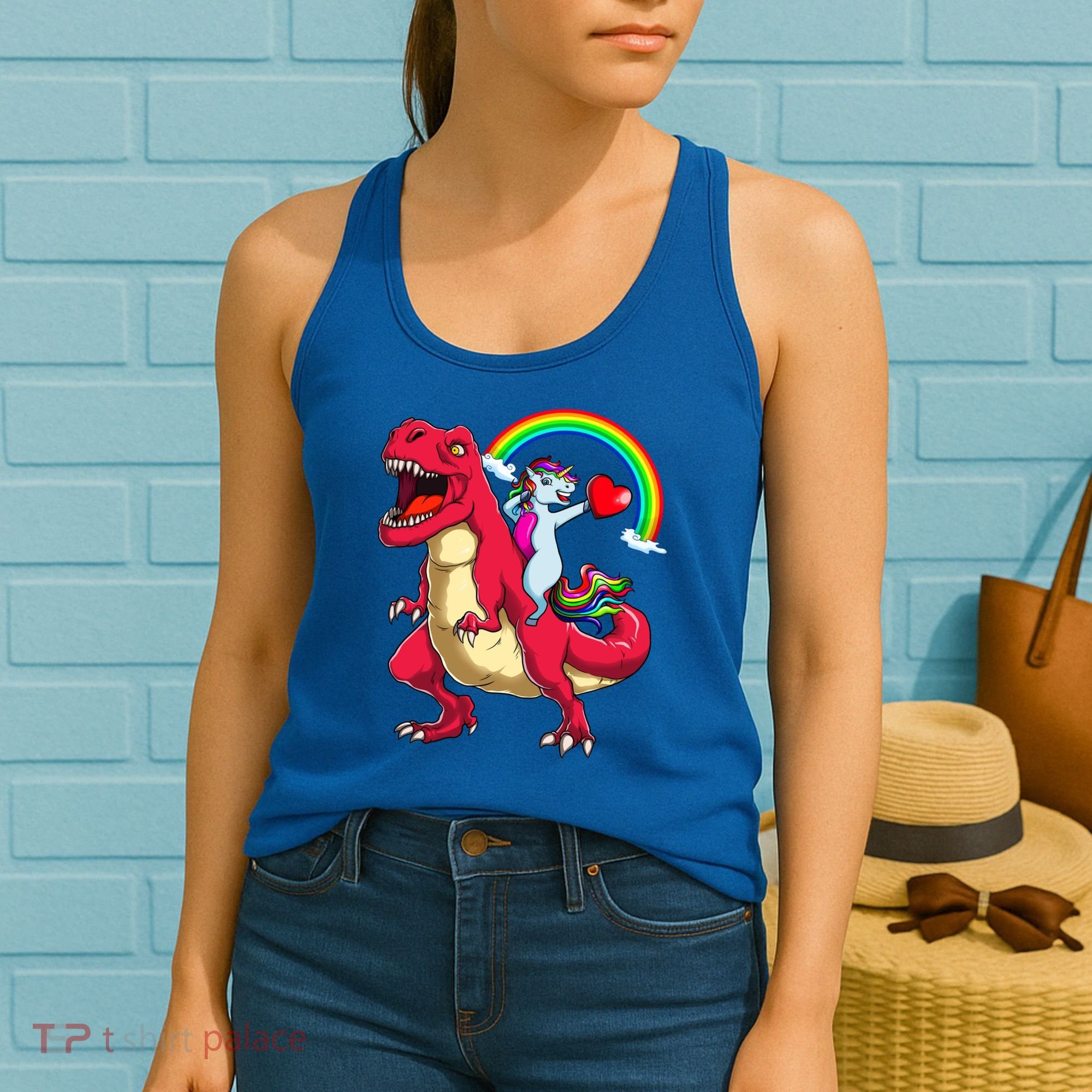 Dabbing Unicorn Riding Dinosaur Valentines Day Rainbow Space Gift Women's Tank Top