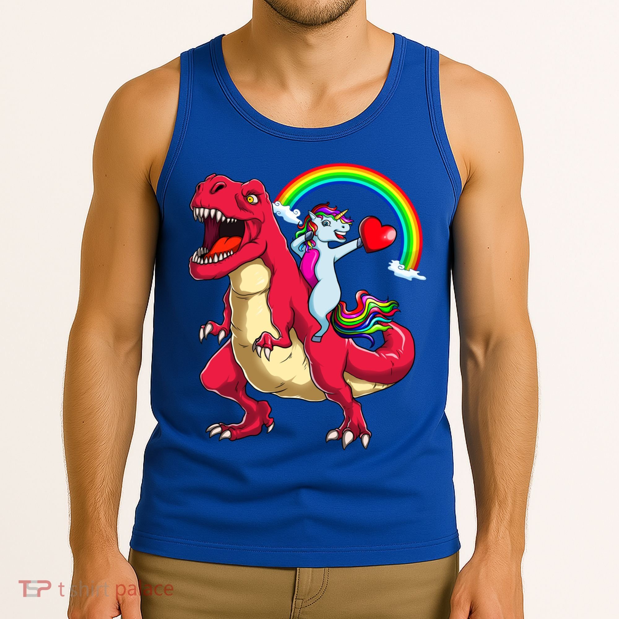 Dabbing Unicorn Riding Dinosaur Valentines Day Rainbow Space Gift Tank Top