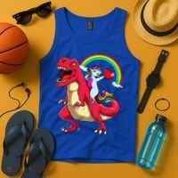 Dabbing Unicorn Riding Dinosaur Valentines Day Rainbow Space Gift Tank Top thumb 4