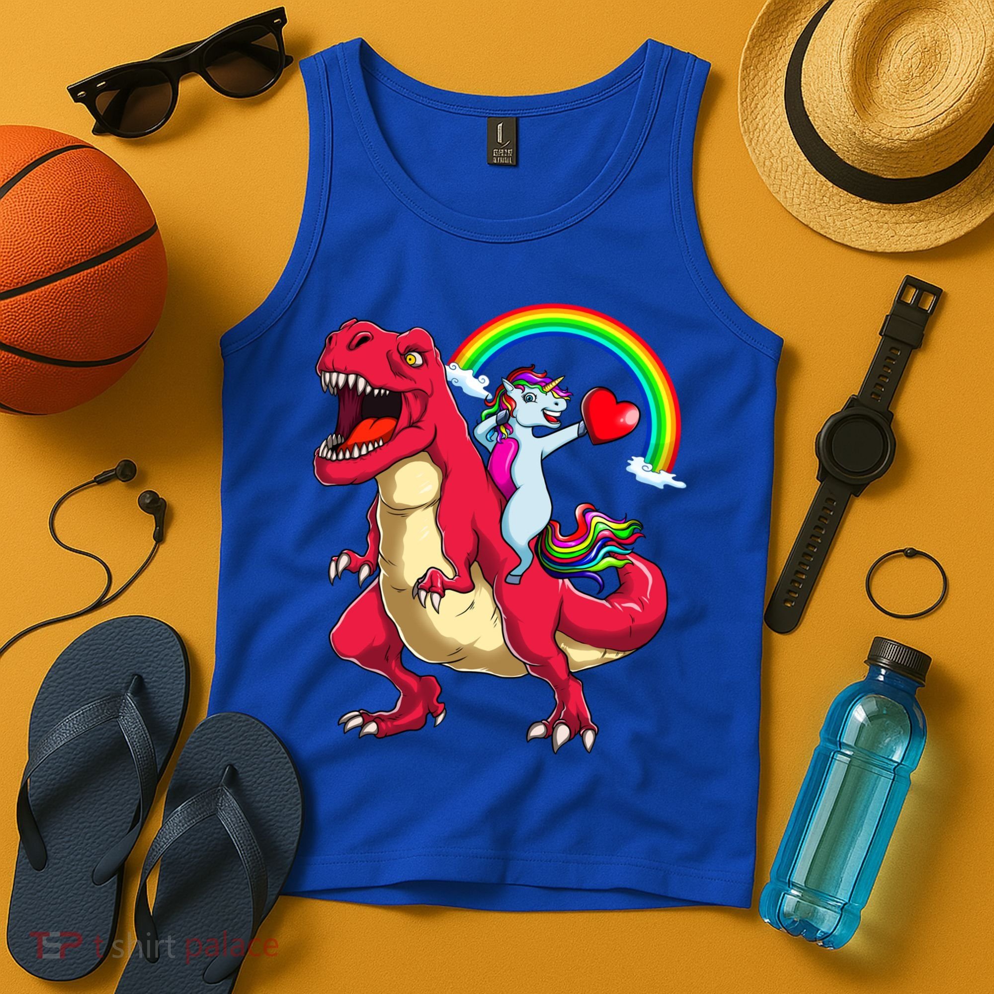 Dabbing Unicorn Riding Dinosaur Valentines Day Rainbow Space Gift Tank Top
