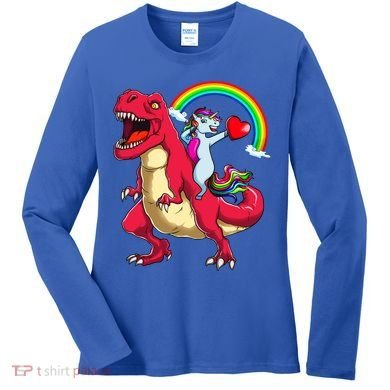 Dabbing Unicorn Riding Dinosaur Valentines Day Rainbow Space Gift Women's Long Sleeve Shirt