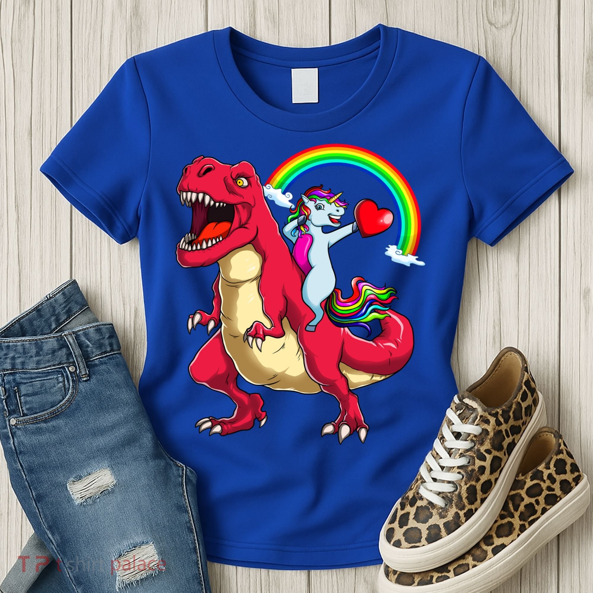 Dabbing Unicorn Riding Dinosaur Valentines Day Rainbow Space Gift Women's T-Shirt