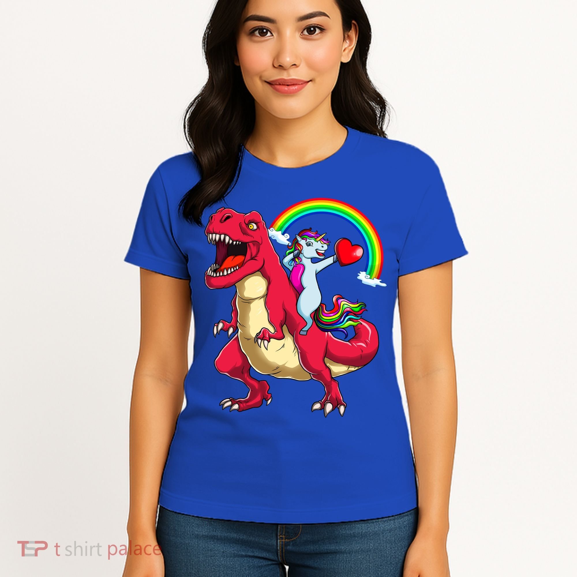 Dabbing Unicorn Riding Dinosaur Valentines Day Rainbow Space Gift Women's T-Shirt