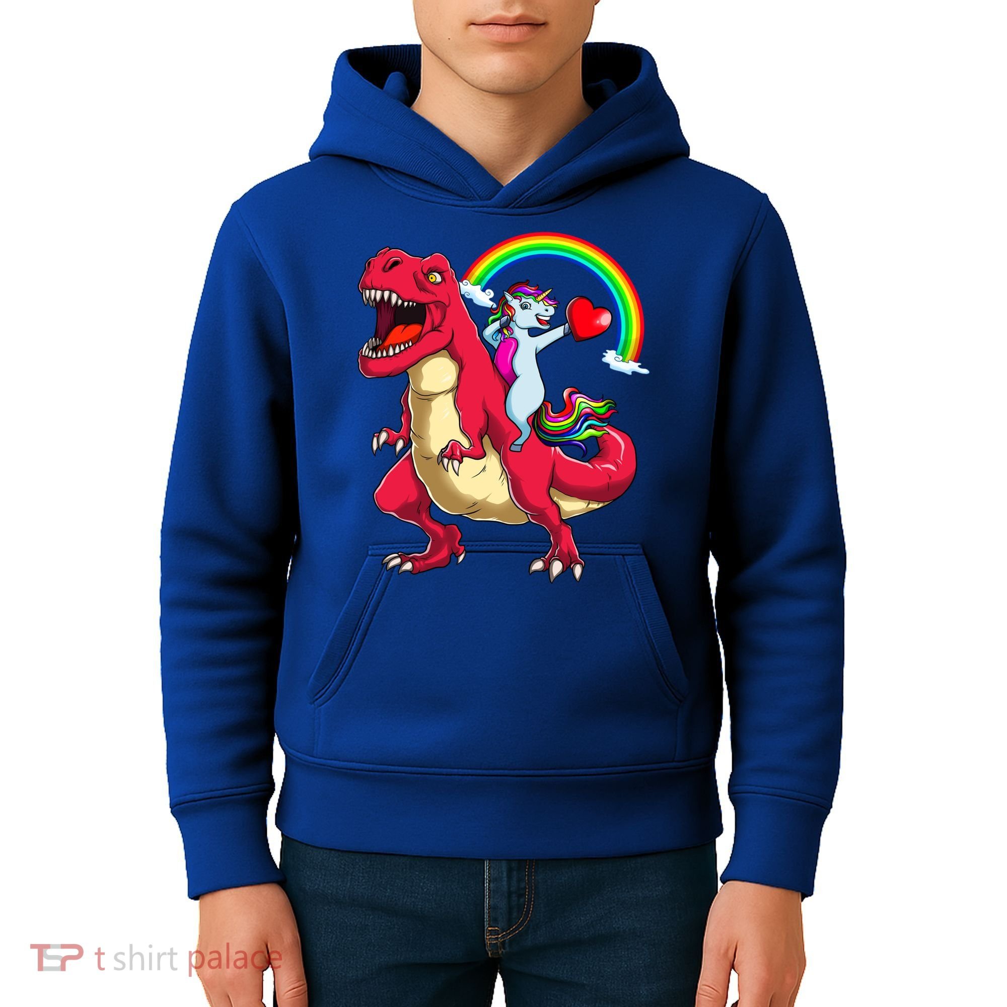 Dabbing Unicorn Riding Dinosaur Valentines Day Rainbow Space Gift Kids Hoodie