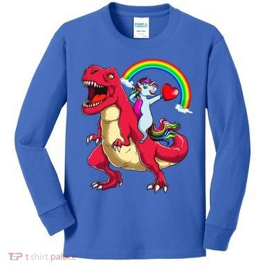 Dabbing Unicorn Riding Dinosaur Valentines Day Rainbow Space Gift Kids Long Sleeve Shirt