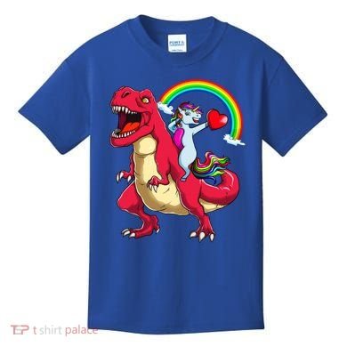 Dabbing Unicorn Riding Dinosaur Valentines Day Rainbow Space Gift Kids T-Shirt