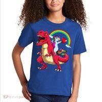 Dabbing Unicorn Riding Dinosaur Valentines Day Rainbow Space Gift Kids T-Shirt thumb 2