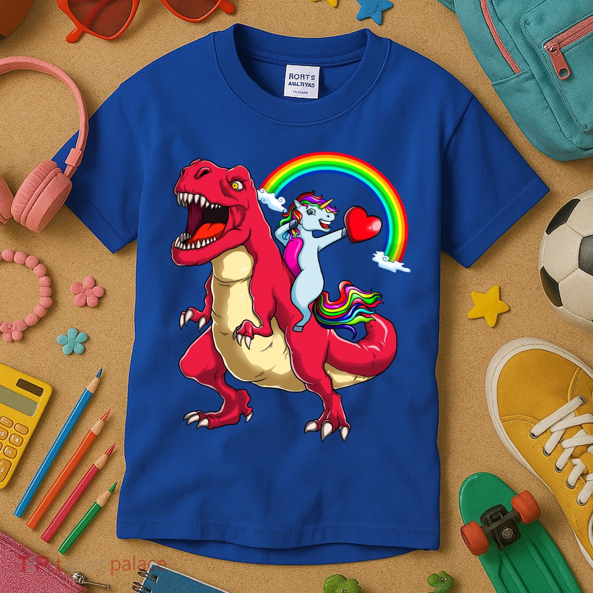 Dabbing Unicorn Riding Dinosaur Valentines Day Rainbow Space Gift Kids T-Shirt