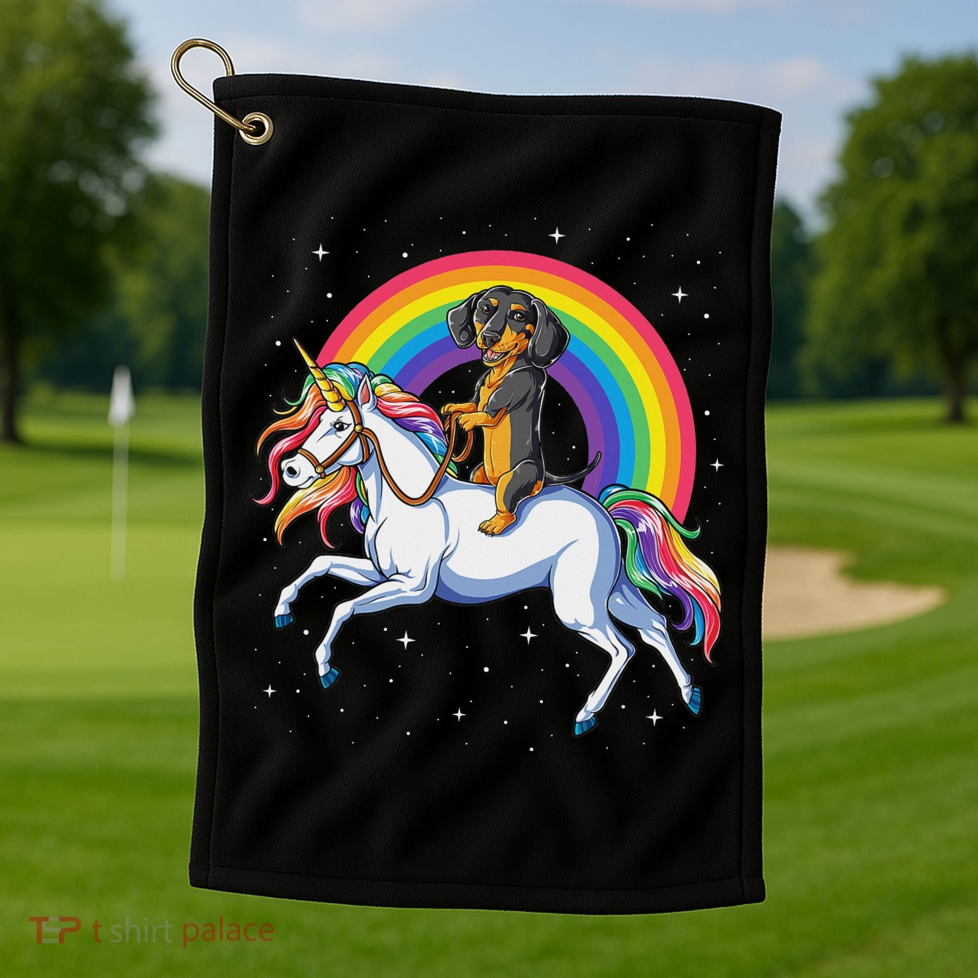 Dachshund Unicorn Space Galaxy Rainbow Dog Golf Towel