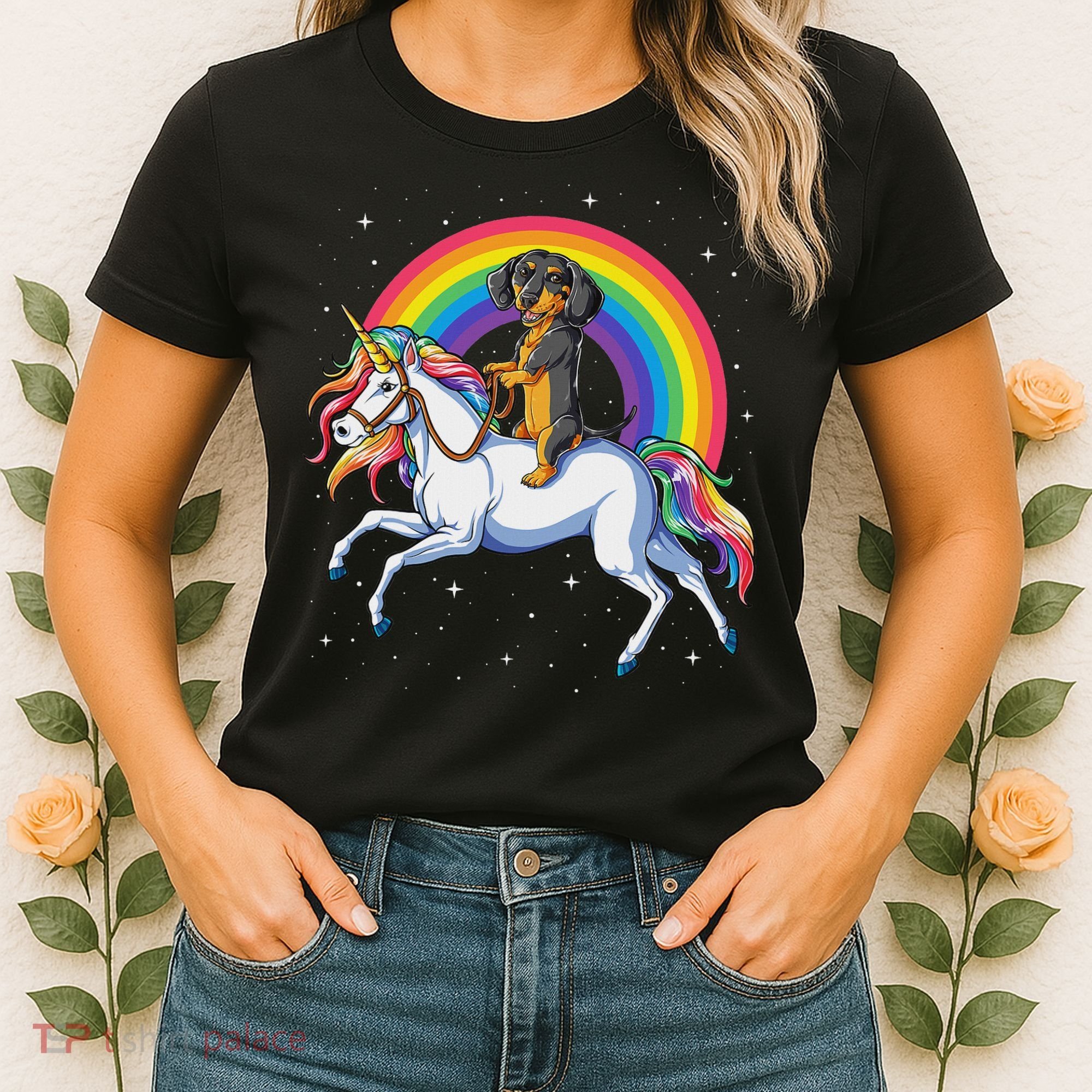 Dachshund Unicorn Space Galaxy Rainbow Dog Women's T-Shirt