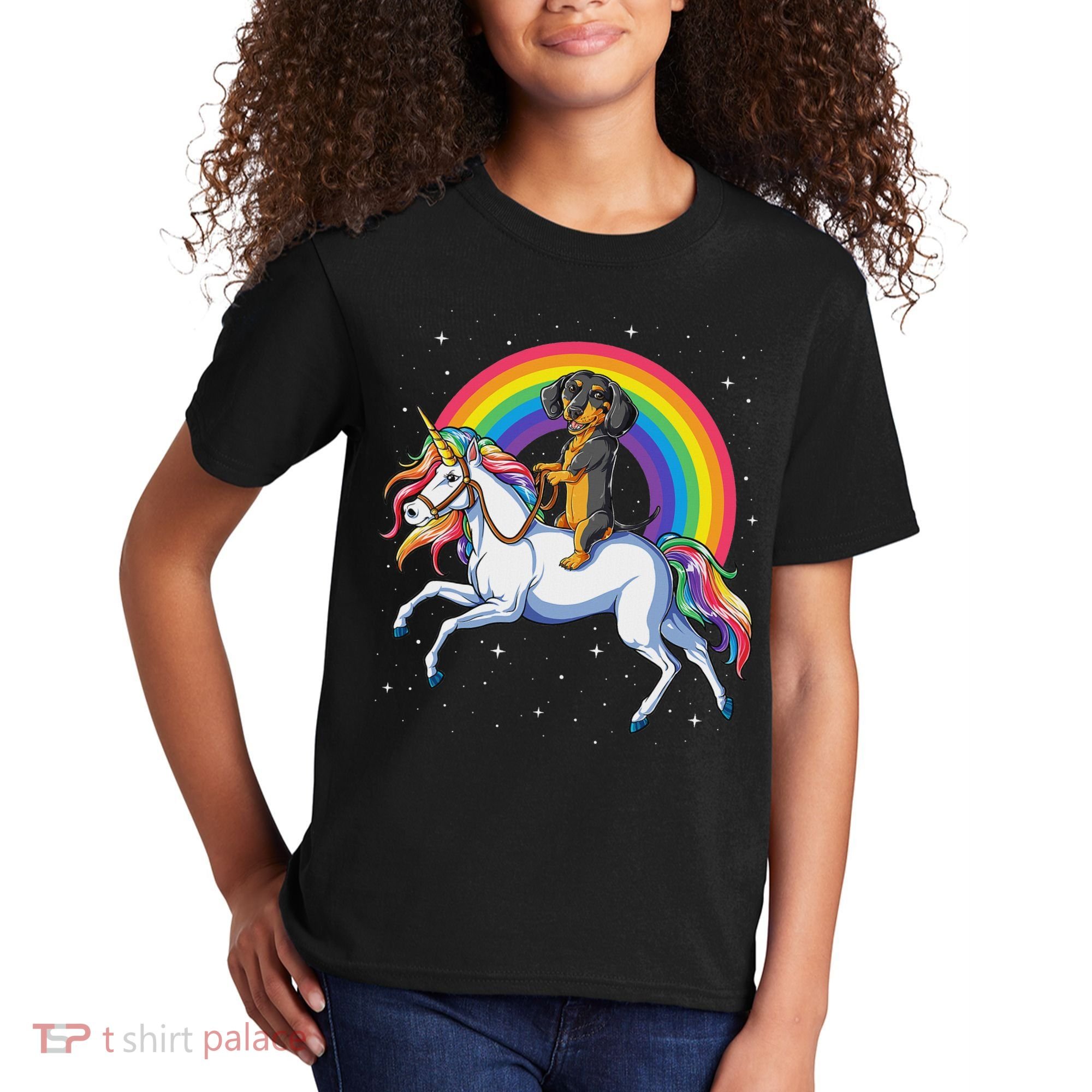 Dachshund Unicorn Space Galaxy Rainbow Dog Kids T-Shirt