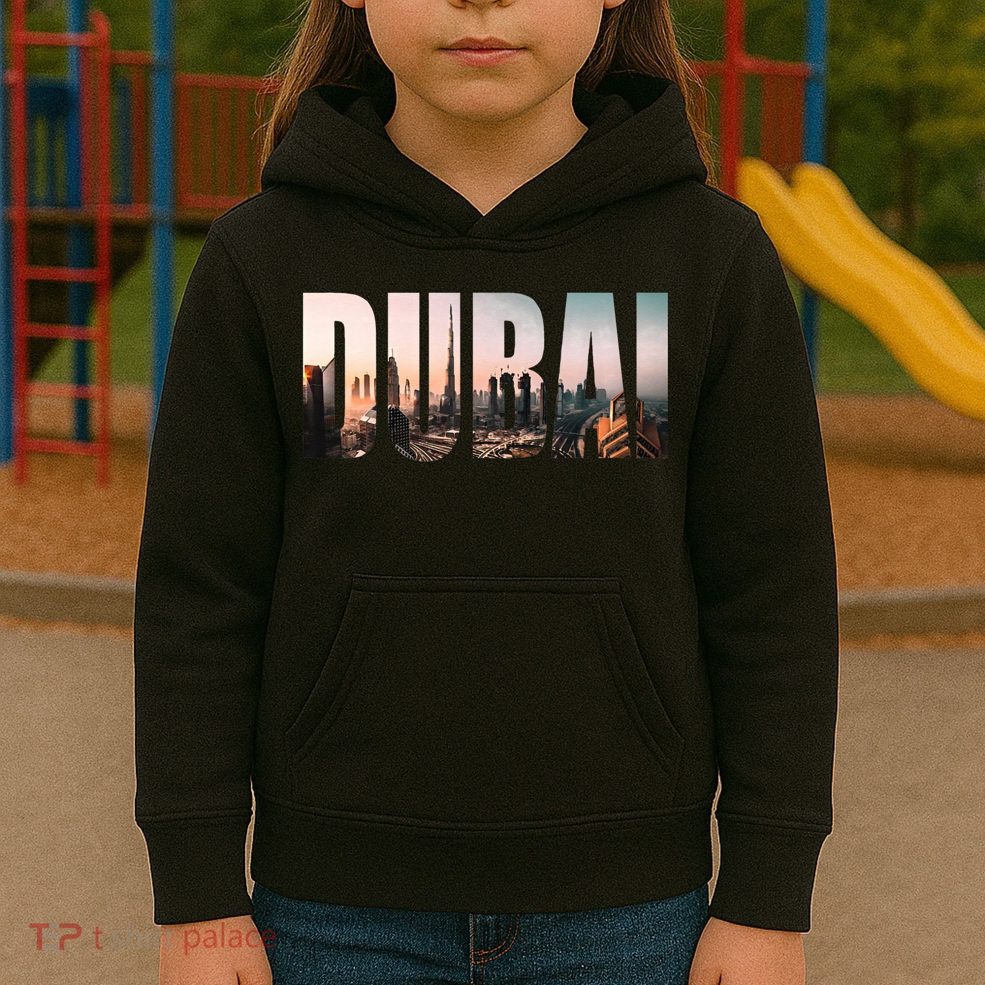Dubai UAE Skyline Urban Photography Font Kids Hoodie