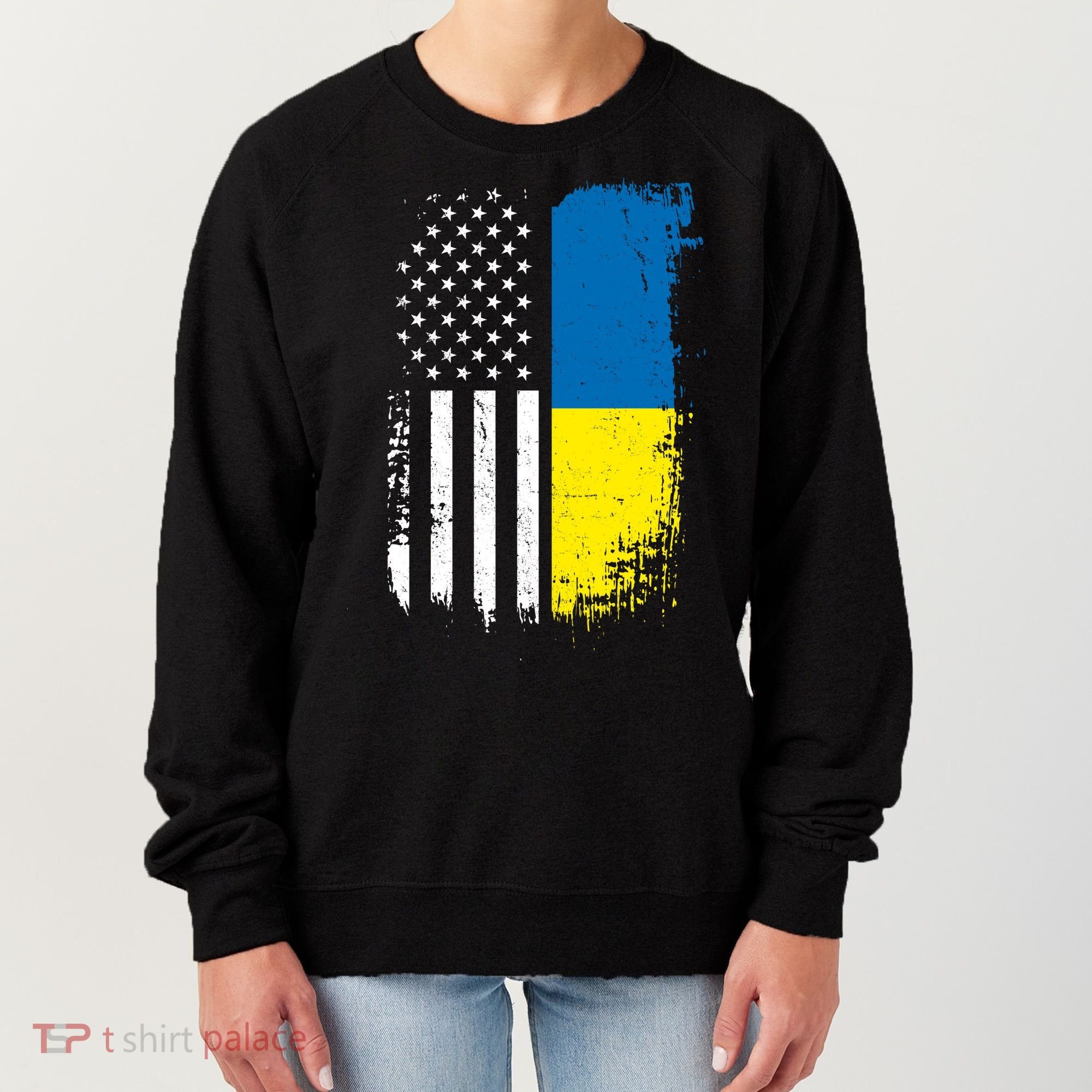 Distressed USA Ukraine Flag Stand With Ukraine Women's Sweatshirt
