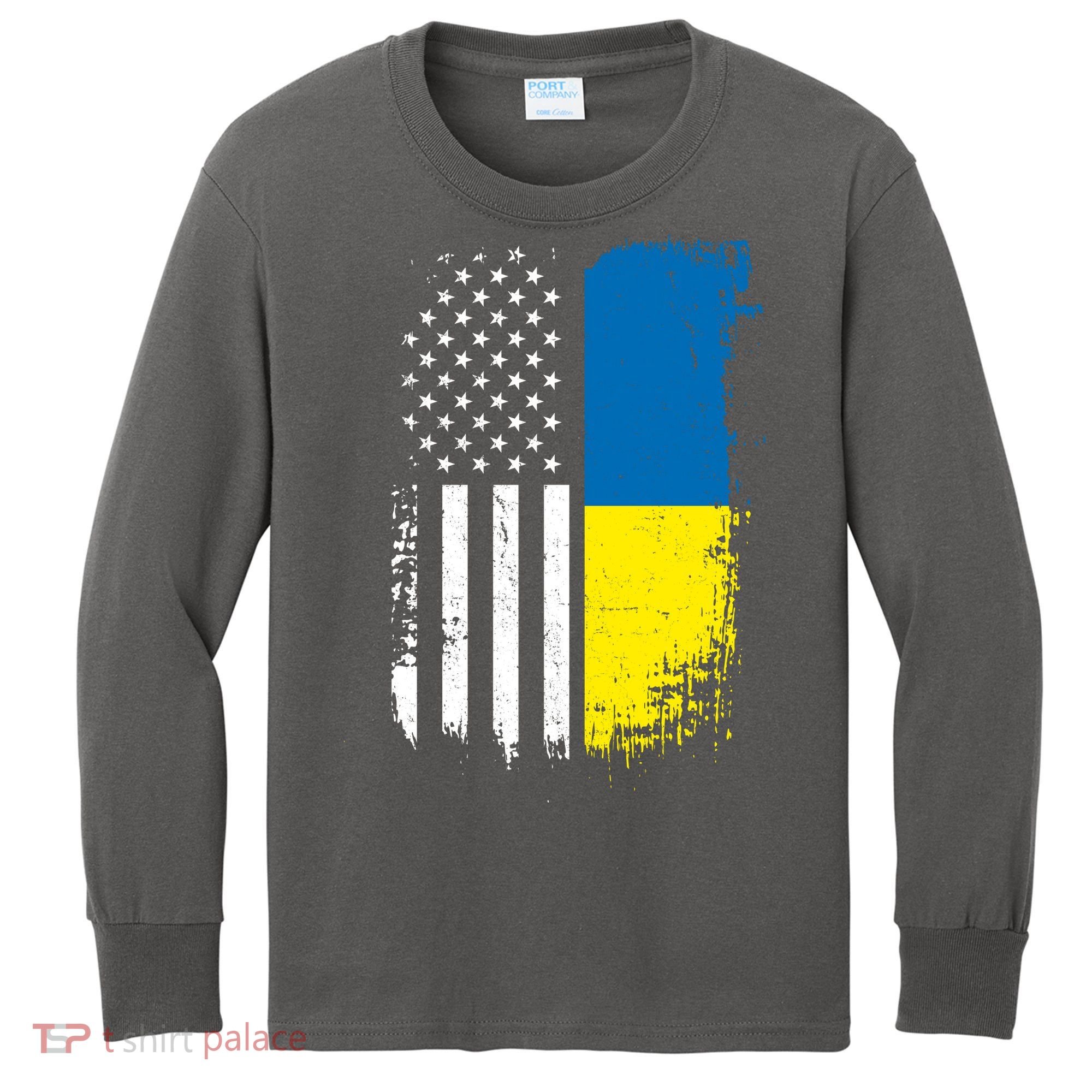 Distressed USA Ukraine Flag Stand With Ukraine Kids Long Sleeve Shirt