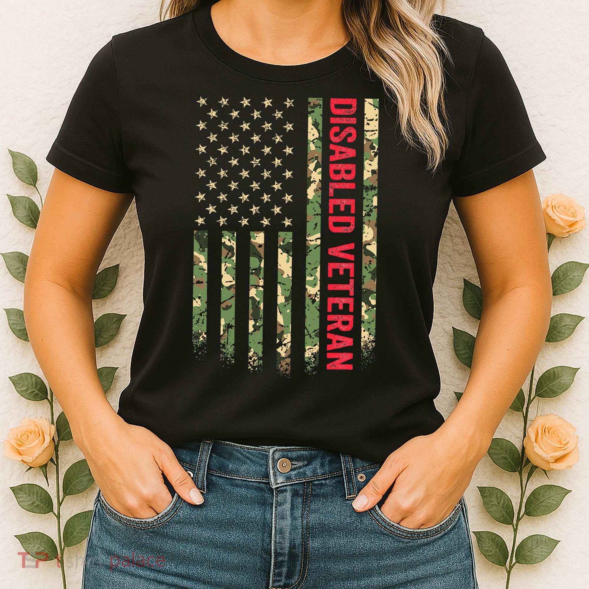 Disabled Veteran American Flag Camouflage Camo Patriotic Vet Women's T-Shirt