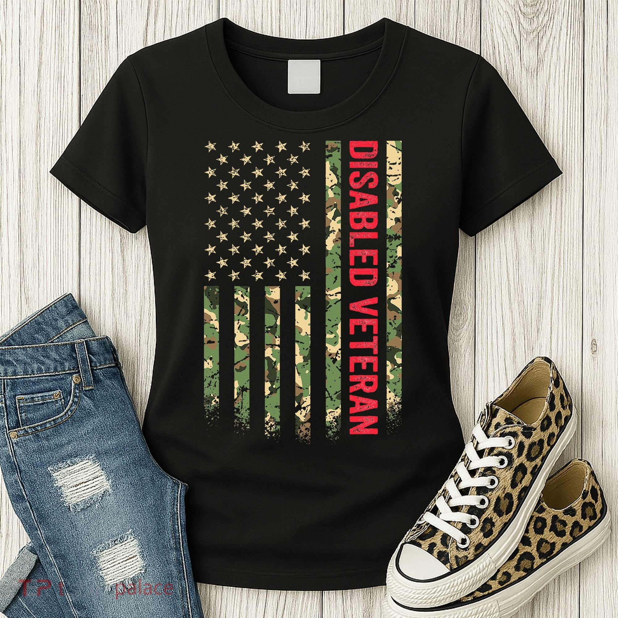 Disabled Veteran American Flag Camouflage Camo Patriotic Vet Women's T-Shirt