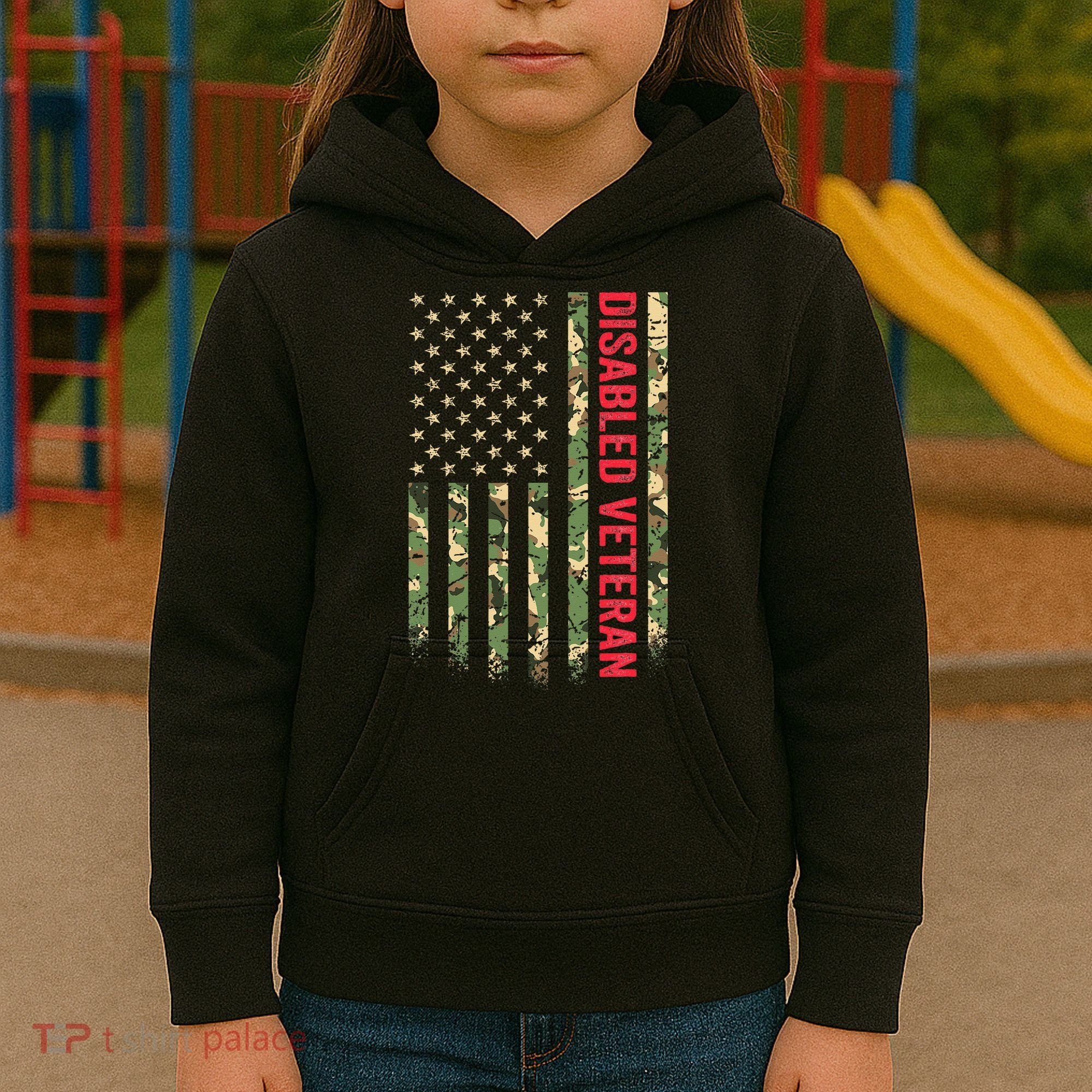 Disabled Veteran American Flag Camouflage Camo Patriotic Vet Kids Hoodie