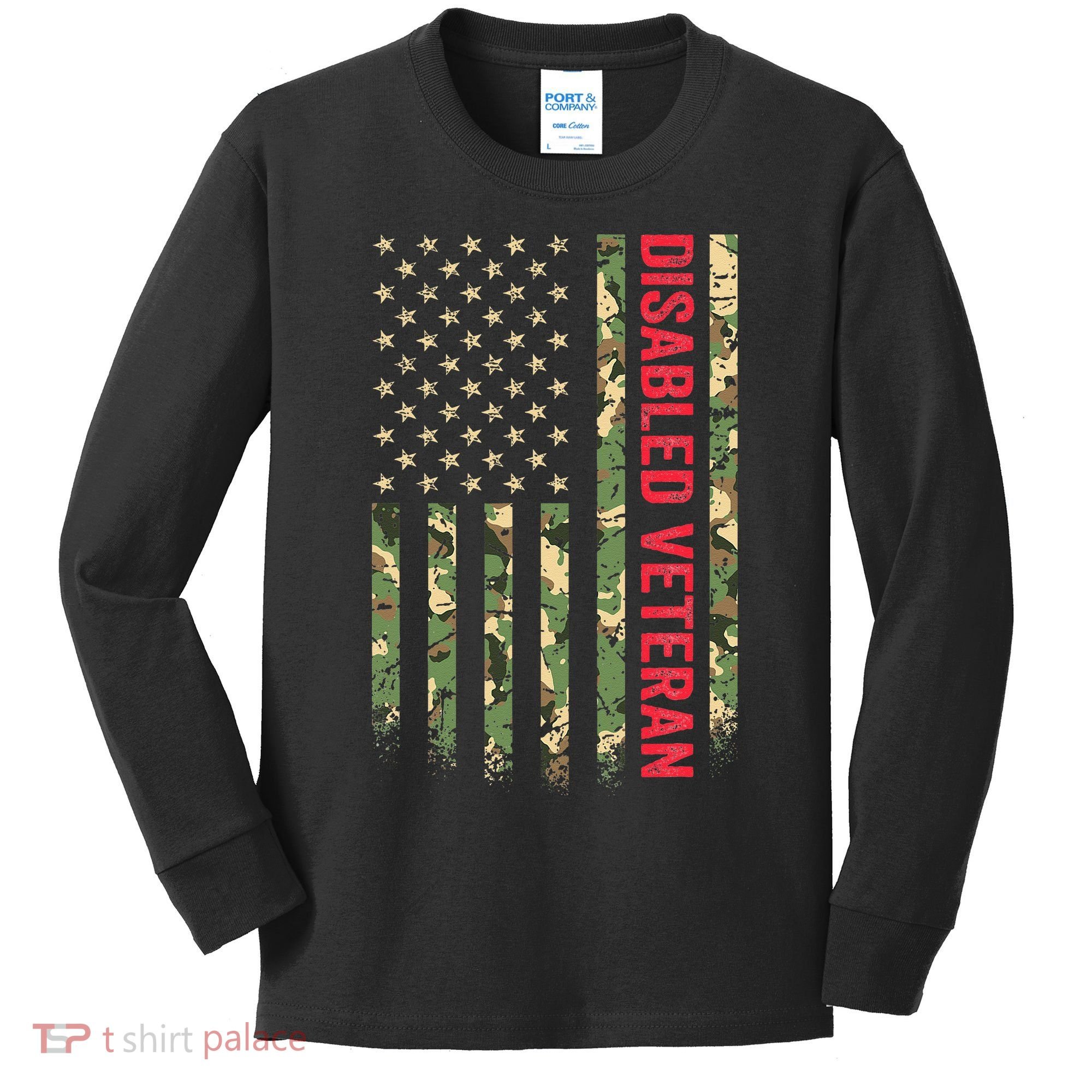 Disabled Veteran American Flag Camouflage Camo Patriotic Vet Kids Long Sleeve Shirt
